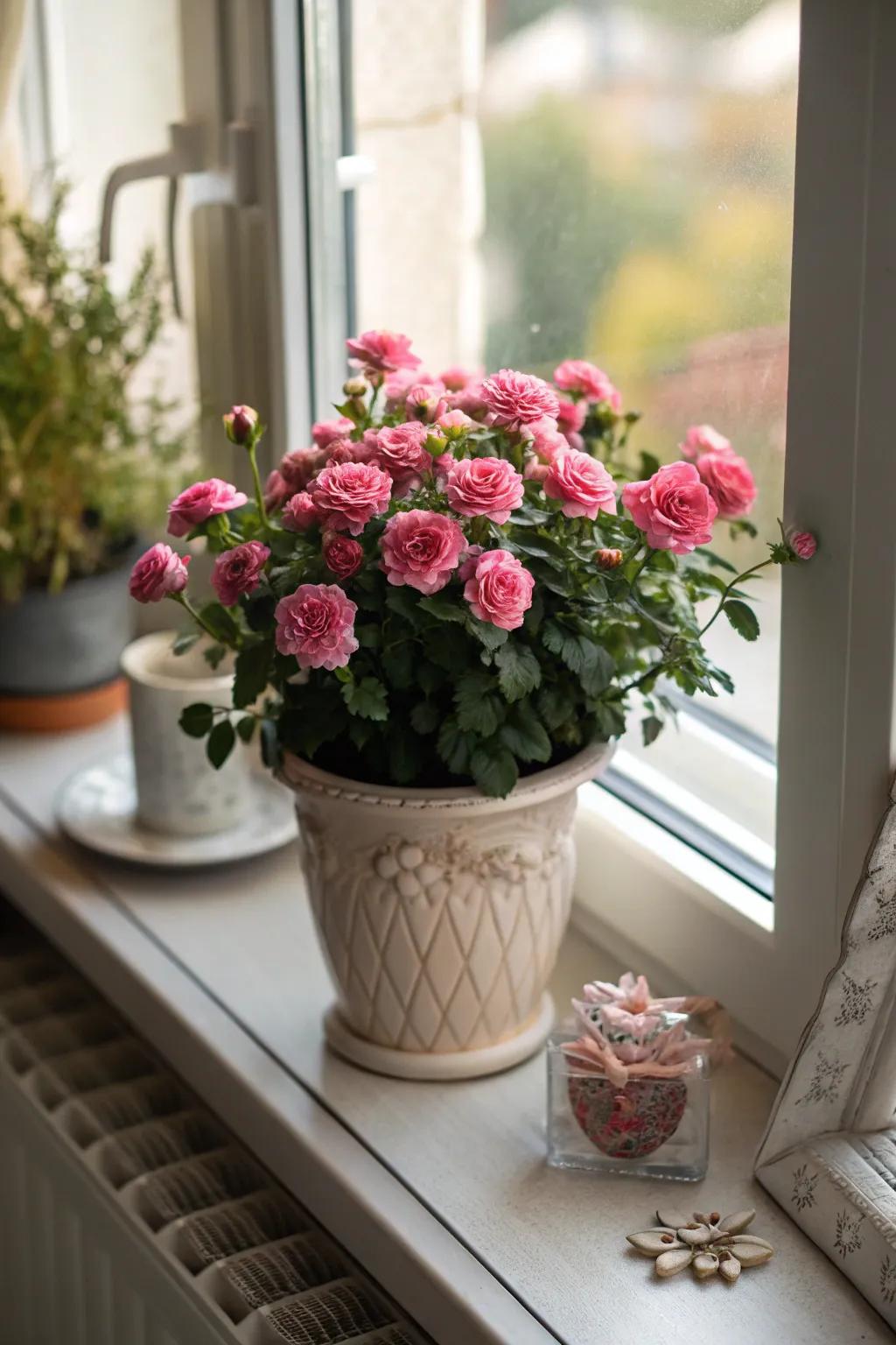 Diminutive roses introducing color and fragrance to the dwelling.
