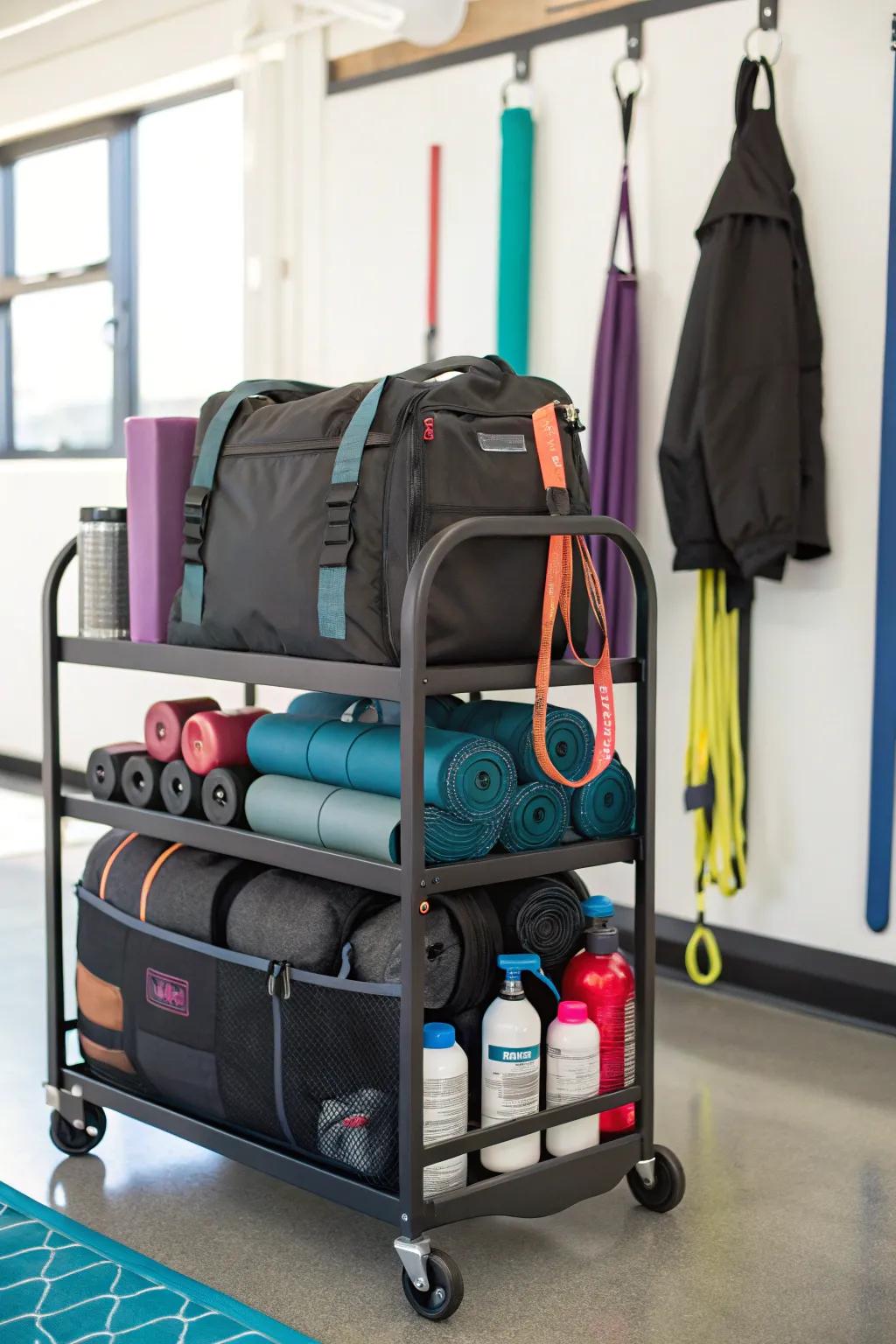 A rolling cart making workout gear easy to move.