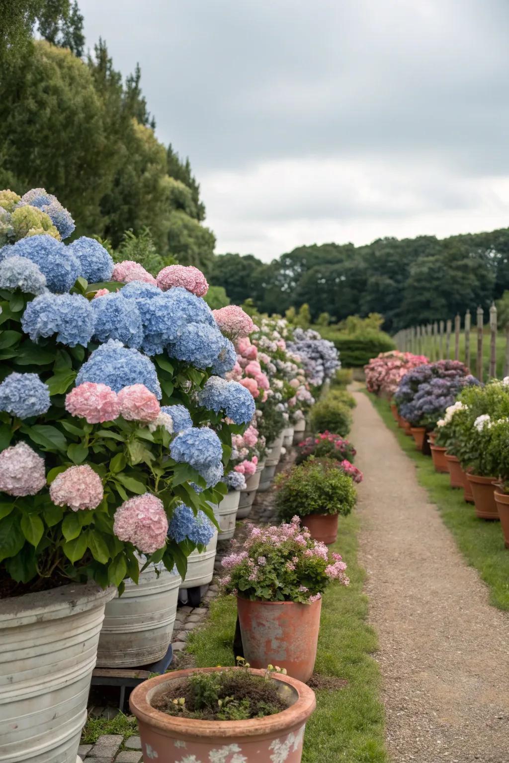 Tiered setup of hydrangeas establishing a dynamic garden exhibition.
