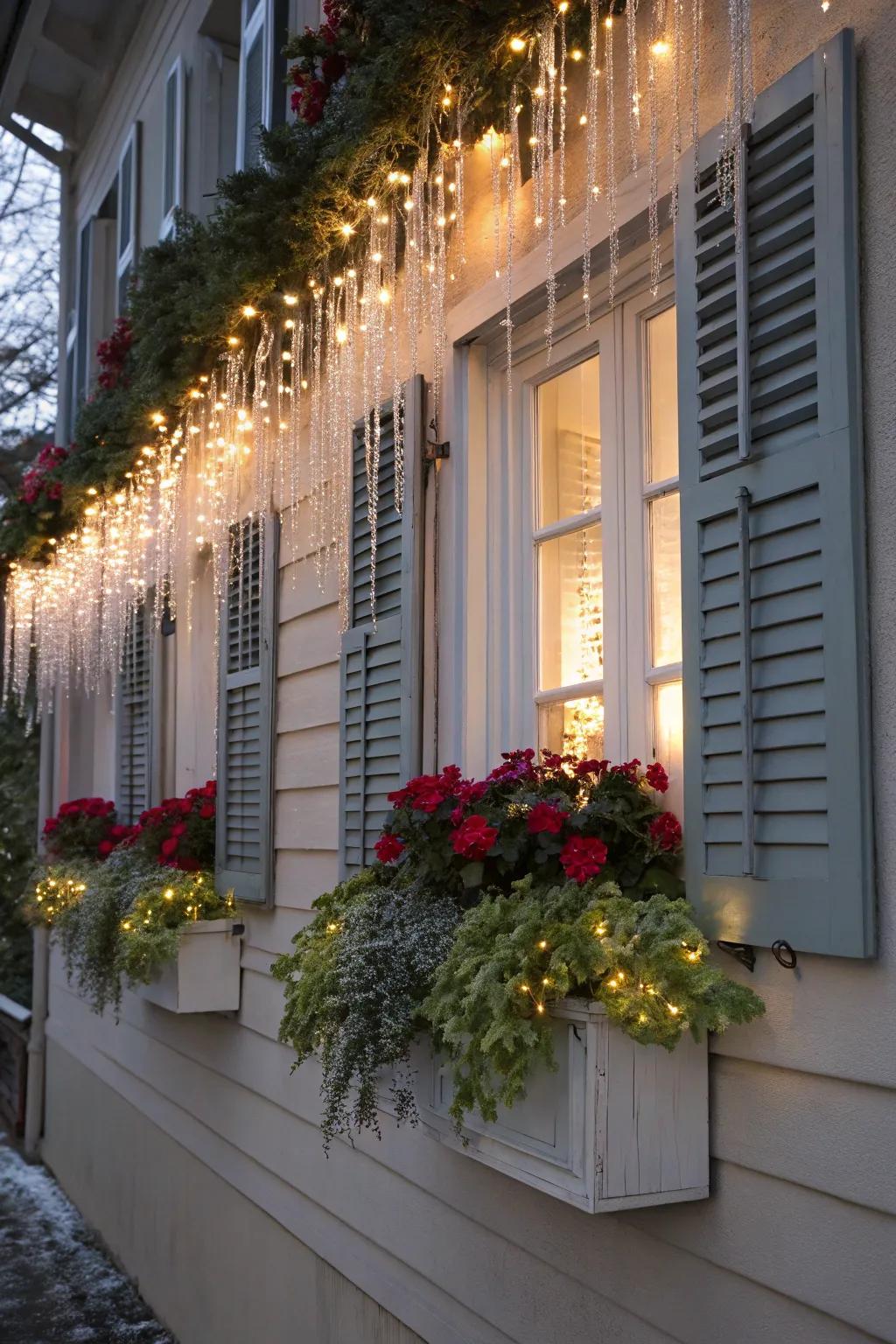 Window boxes sparkling with glimmer strands, adding charm to the home's exterior.