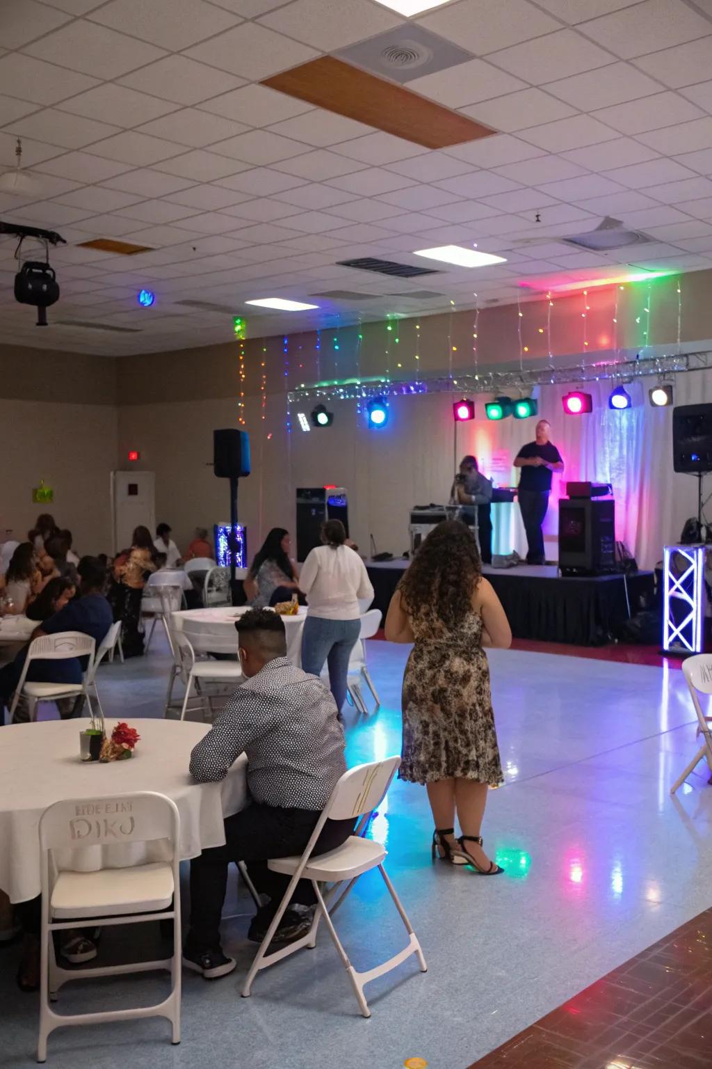 An energetic indoor party featuring a sound and dance spot.