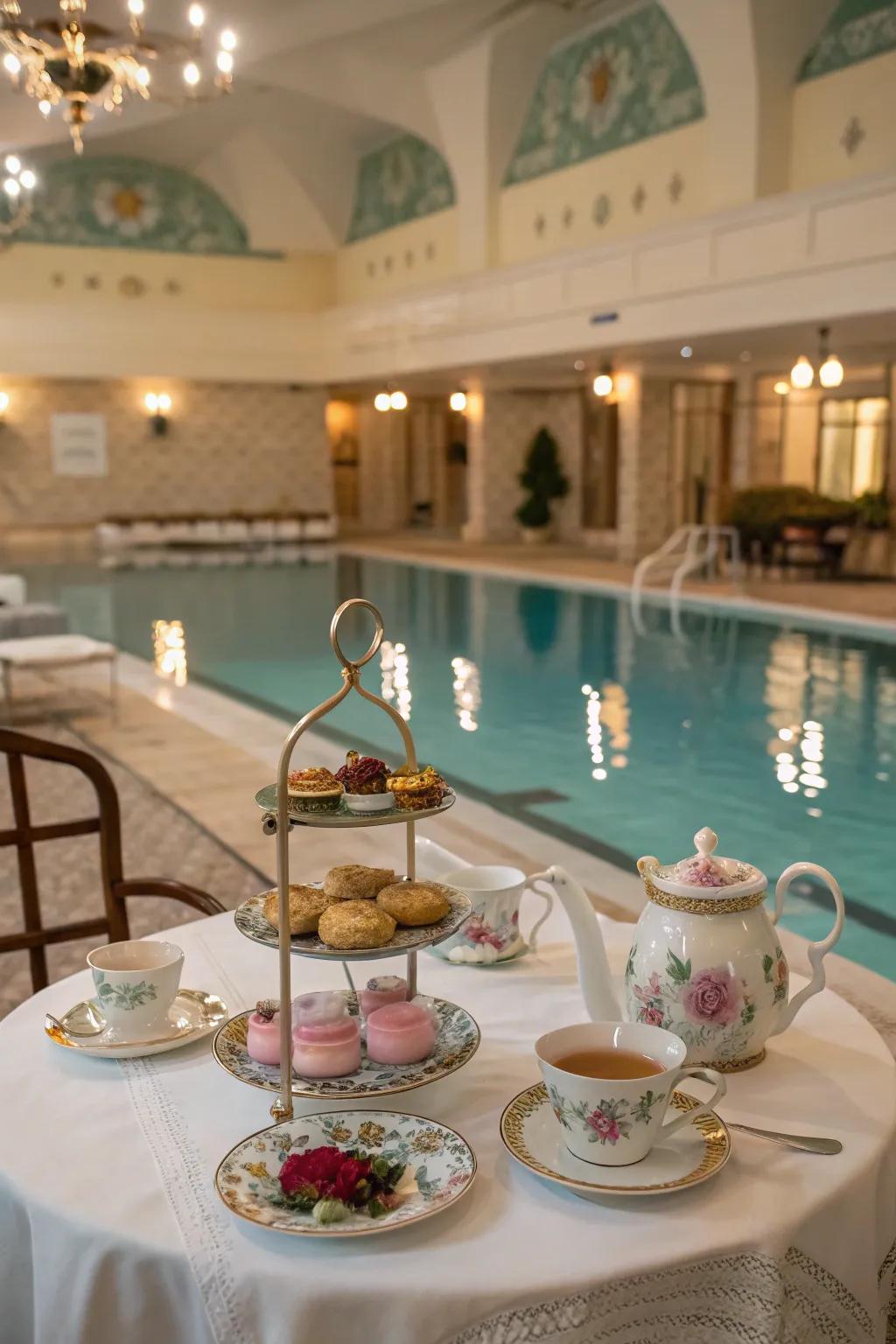 Enjoy an elegant tea gathering alongside the pool with classic appeal and exquisite delights.