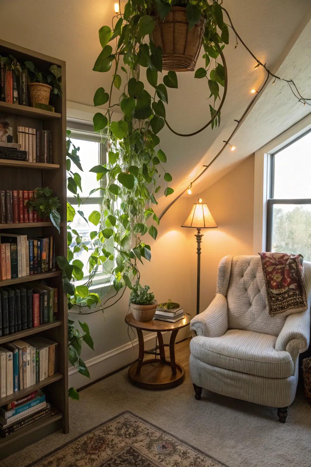 Inject serenity to reading niches with cascading emerald vines.