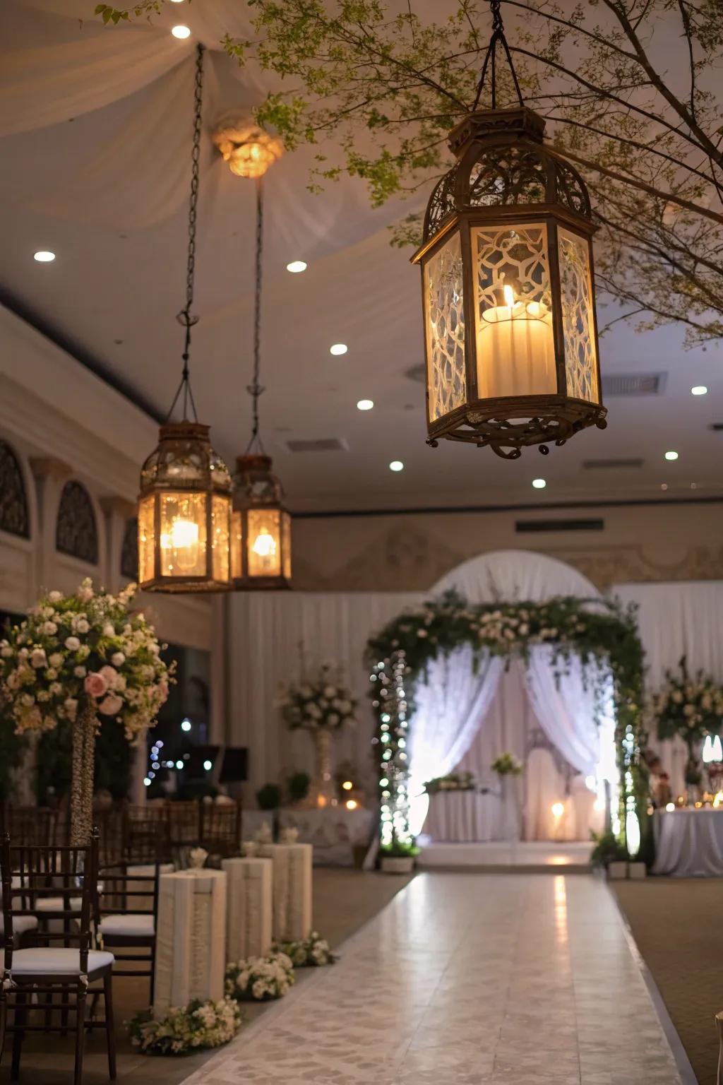 Suspended lanterns providing sophistication and cultural flair to the wedding.