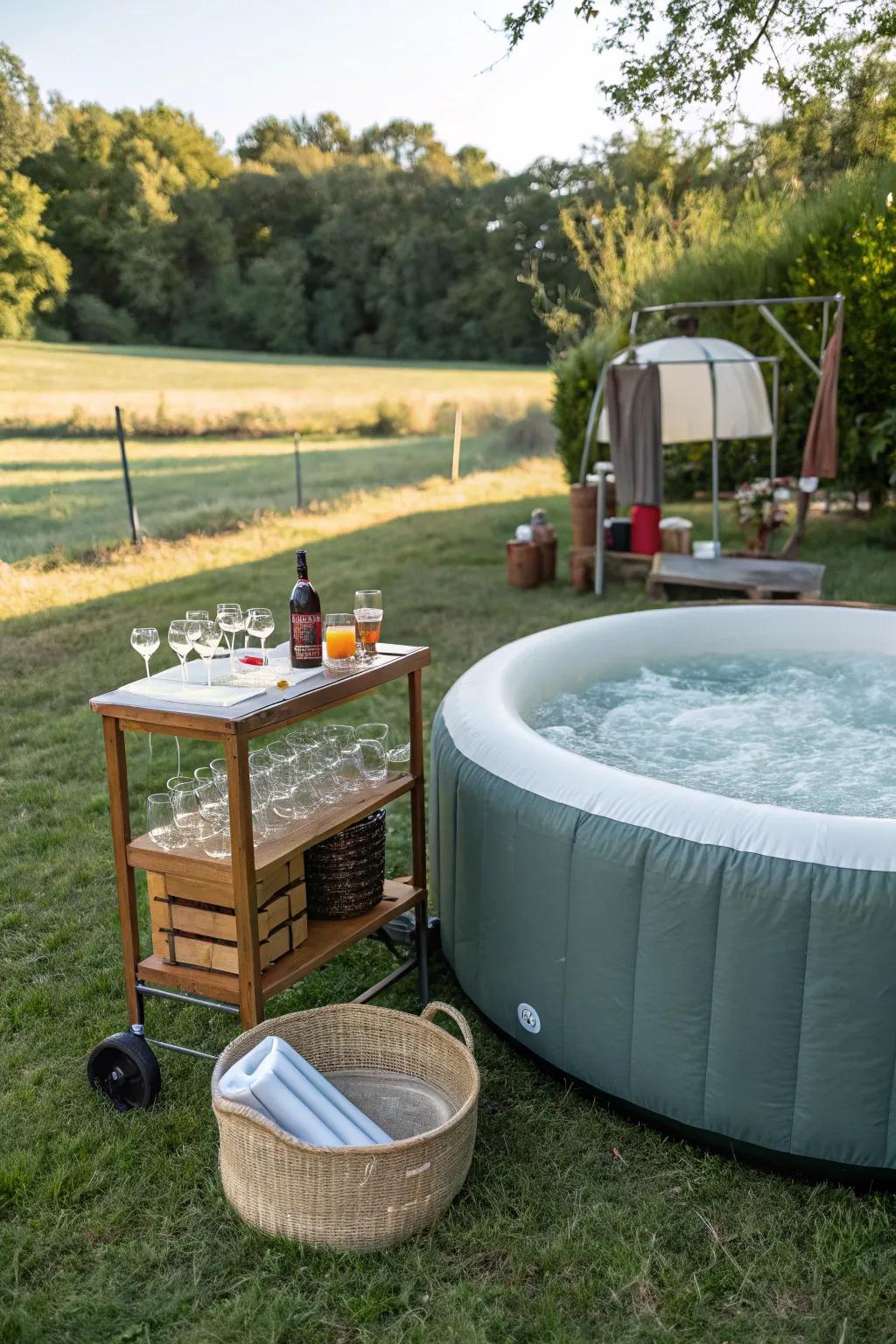 A bar zone elevates social gatherings encircling the bubbling tub.