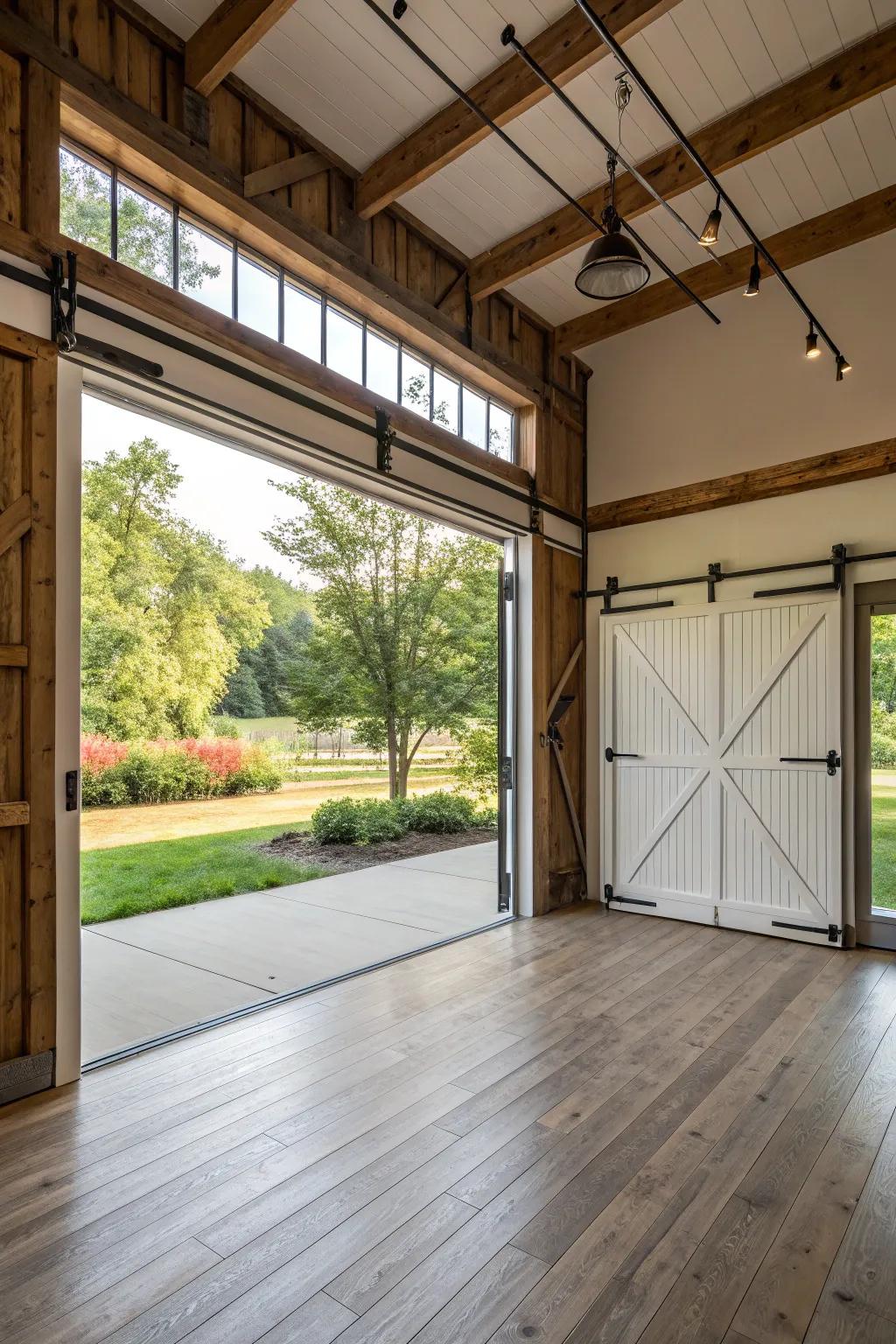 Garage door glass brings in light and a modern twist.