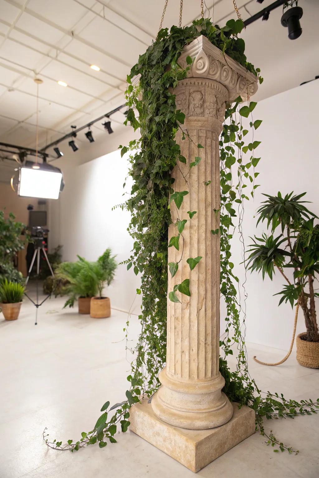 Plant life adds a vibrant touch to columns.