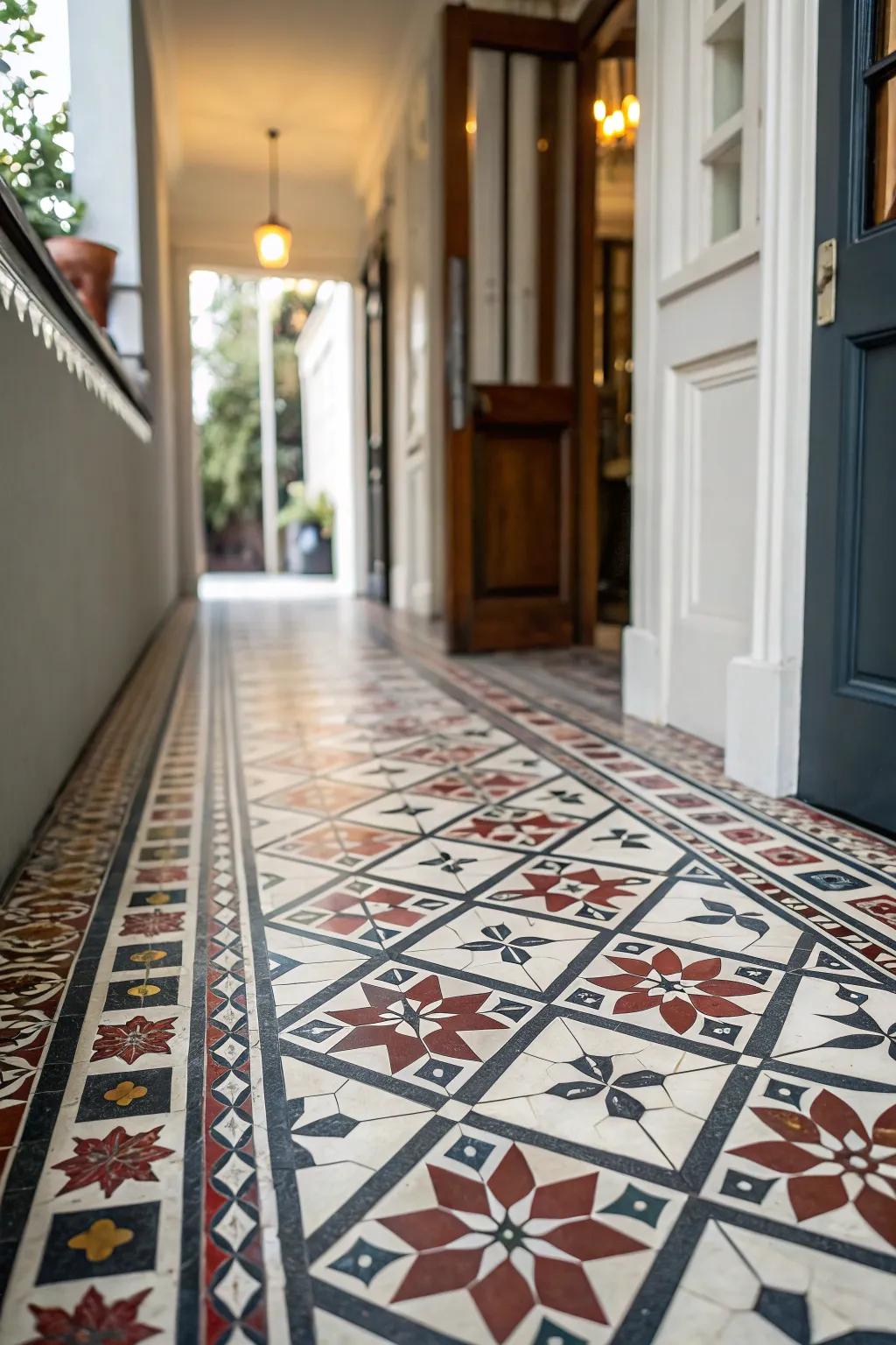 Daring floor tiles craft a striking first impression.