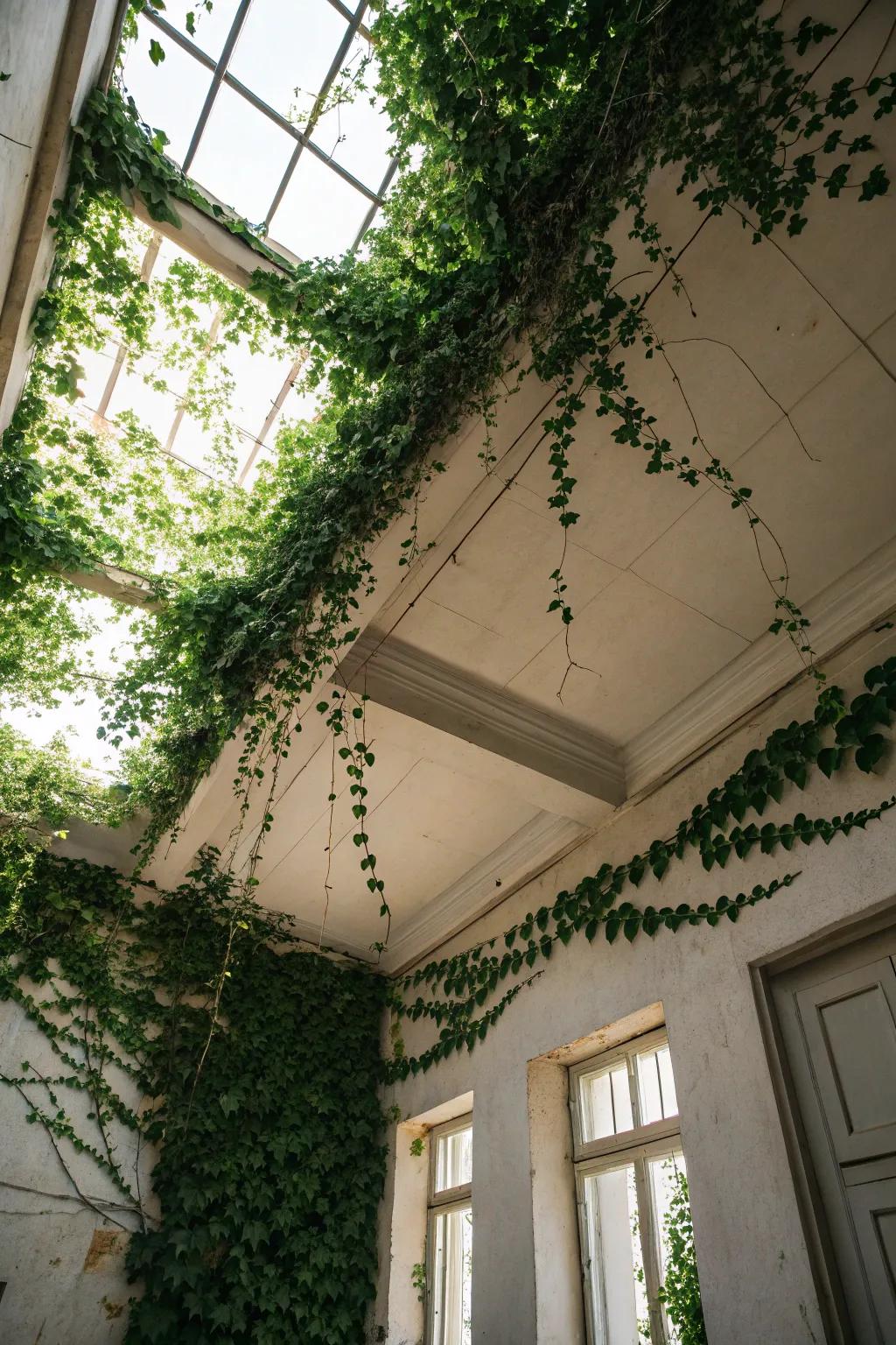 An unexpected ivy ceiling introducing a distinctive touch to the room.