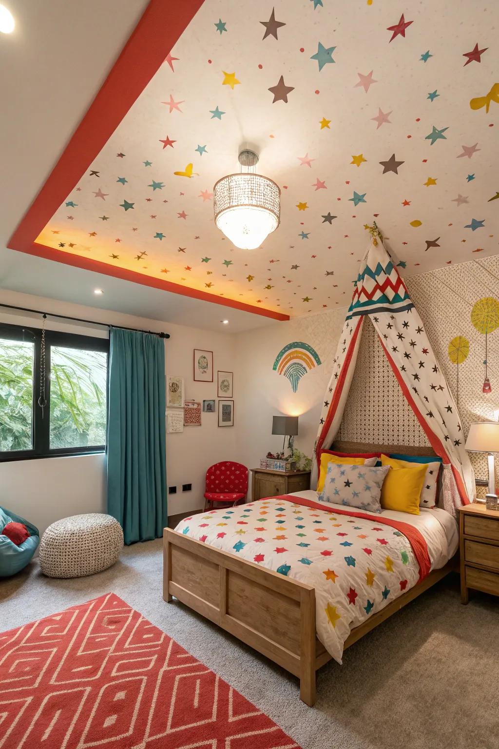 An accent ceiling that injects an astonishing twist into the embellishment.
