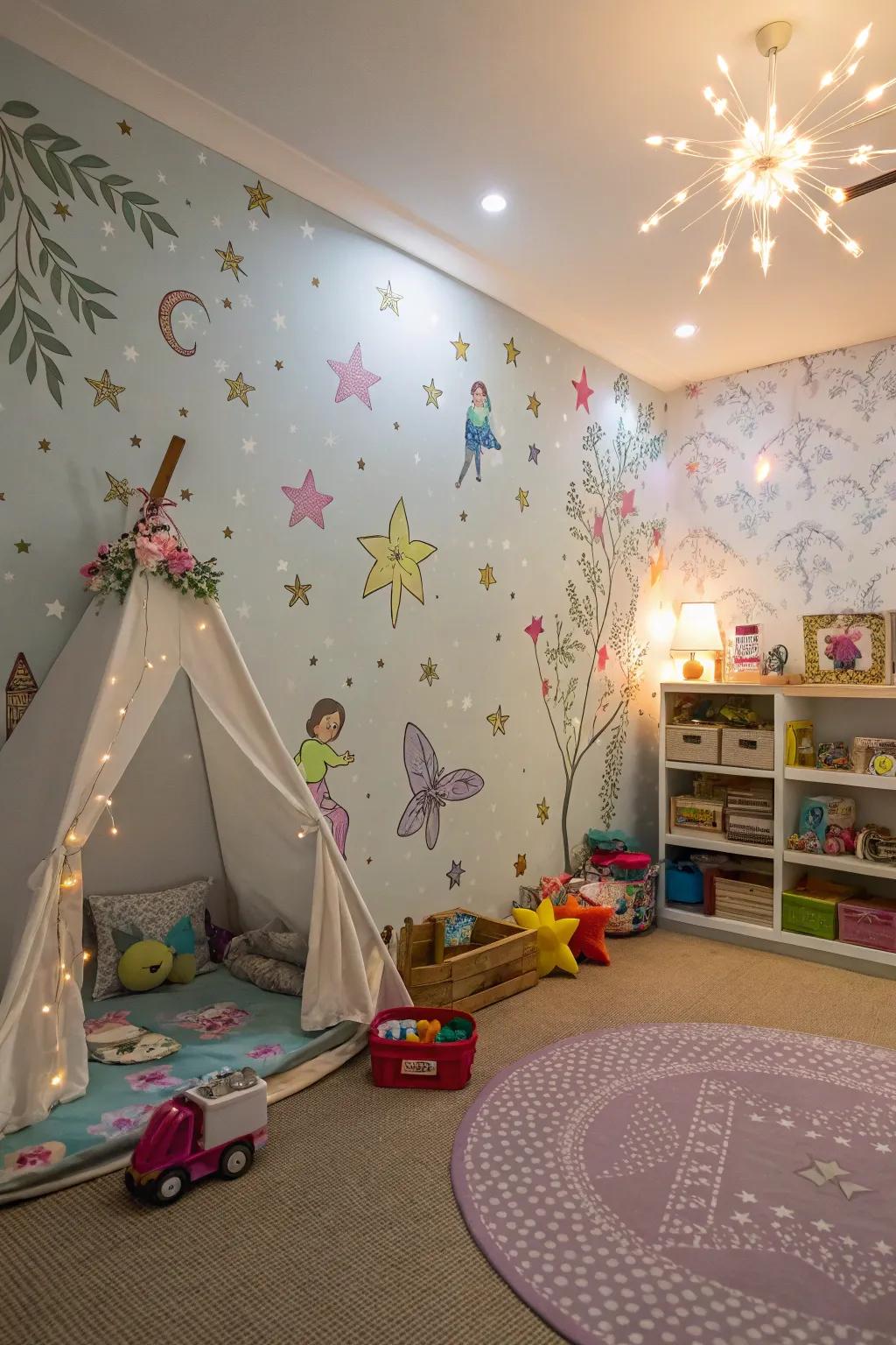 A playroom with wallpaper featuring stars and fairies, perfect for dreamers.