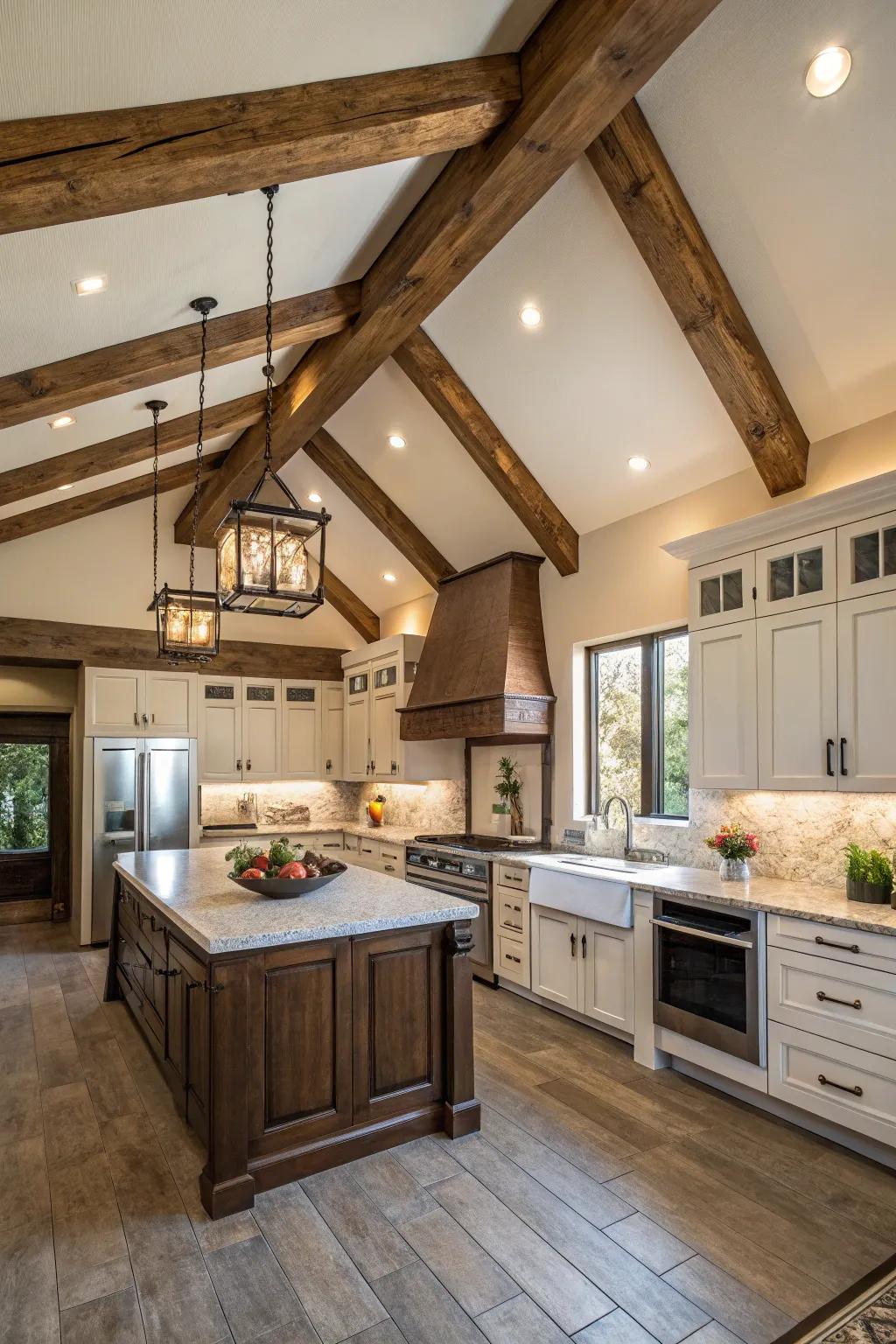 Simulated beams offer flexibility and ease of setup in kitchen design.
