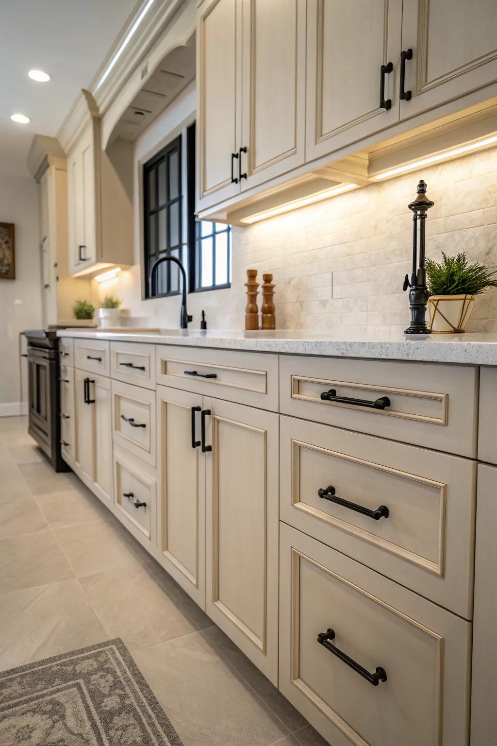 A striking use of comparison with deep fittings against pale cabinetry.