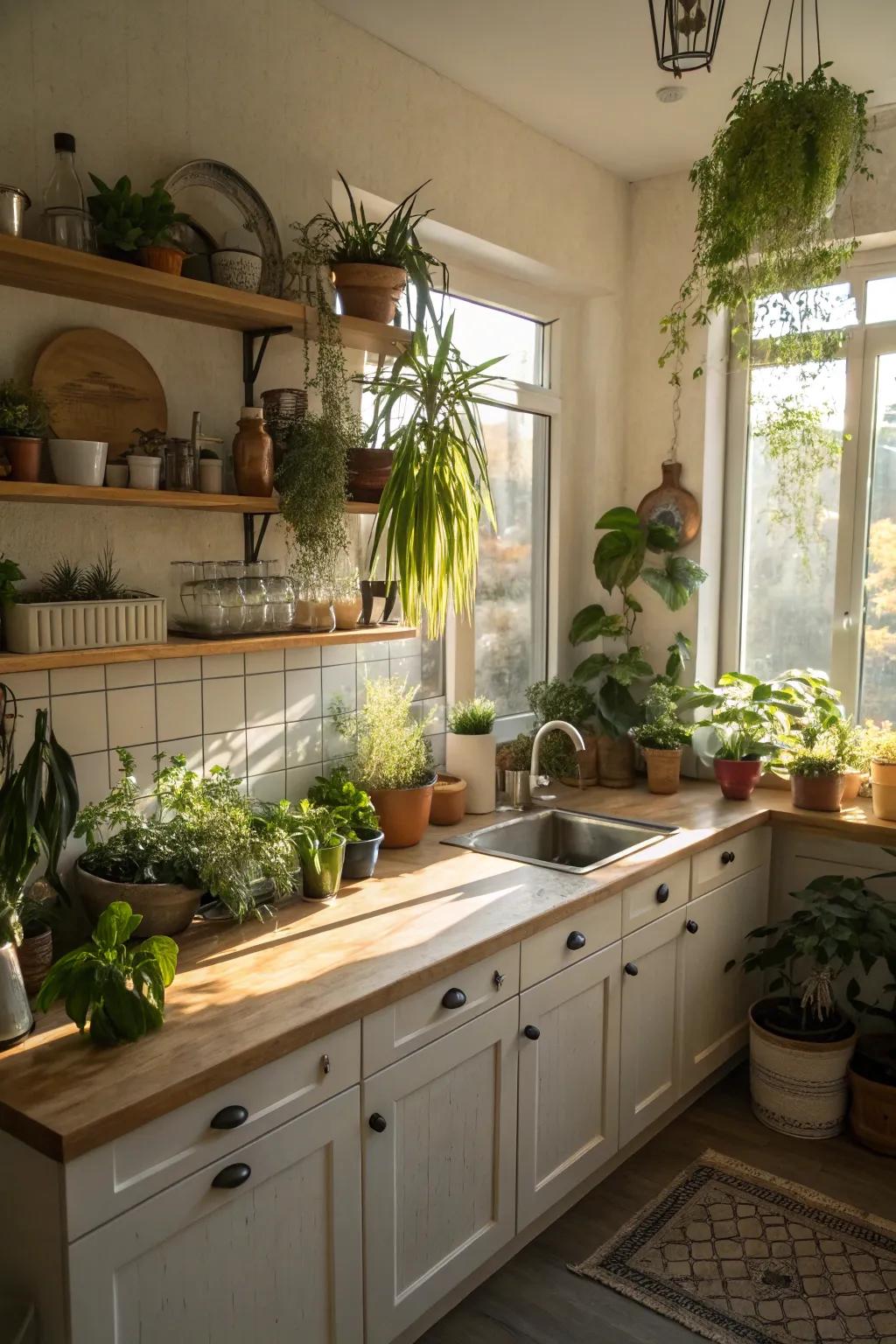 Adding plants fills your kitchen with life and color.
