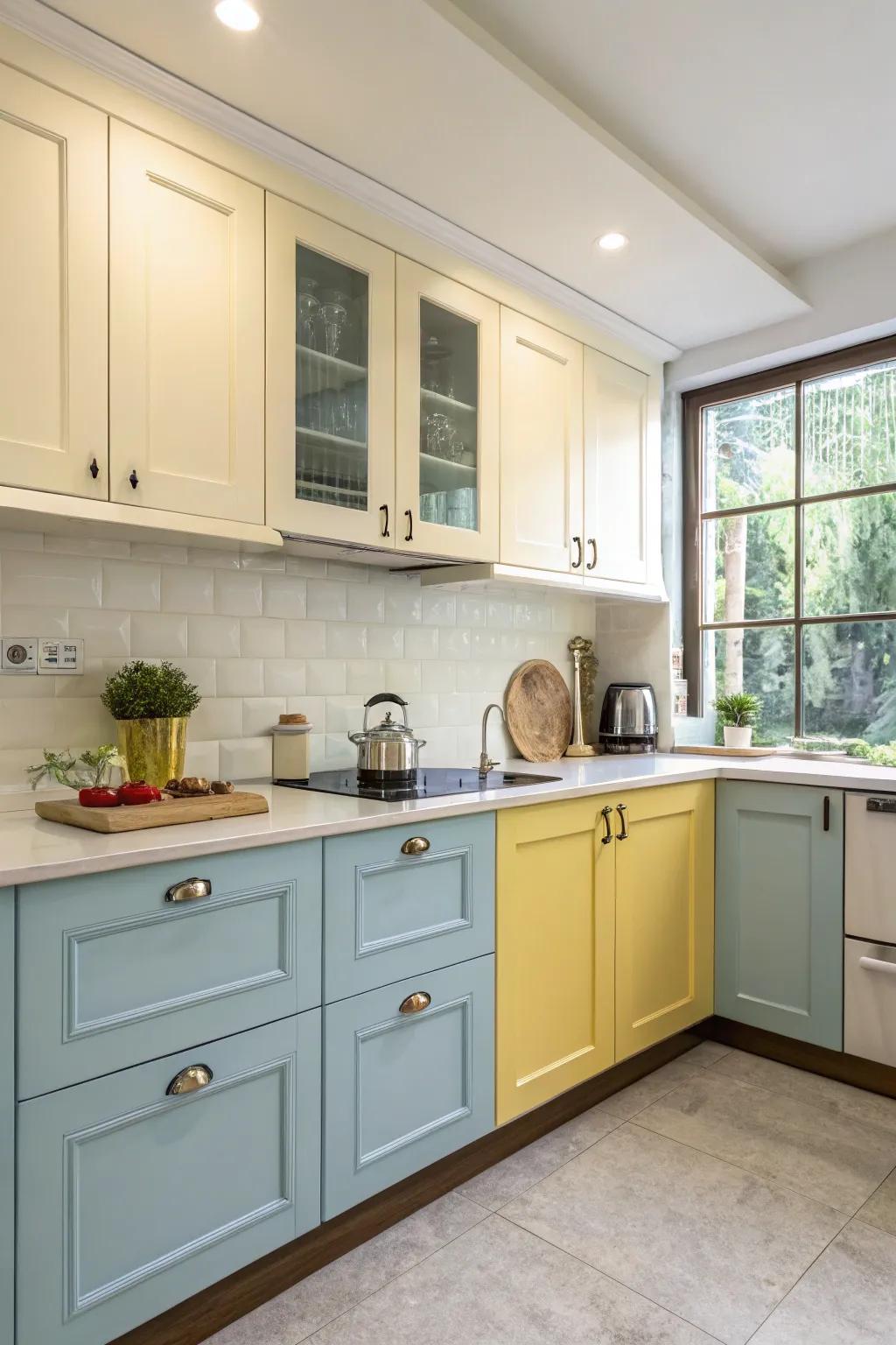 Two-tone cabinets offer a modern-day twist to conventional kitchen area designs.