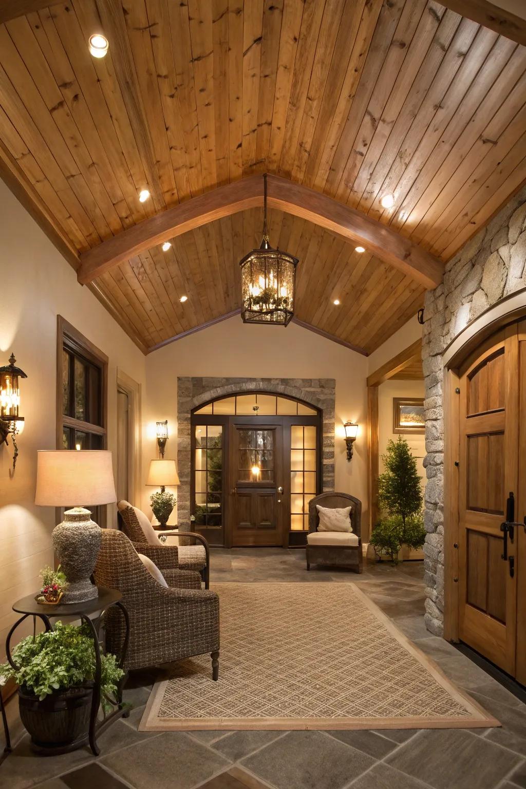An inviting entryway where wood-clad ceilings offer a warm welcome.