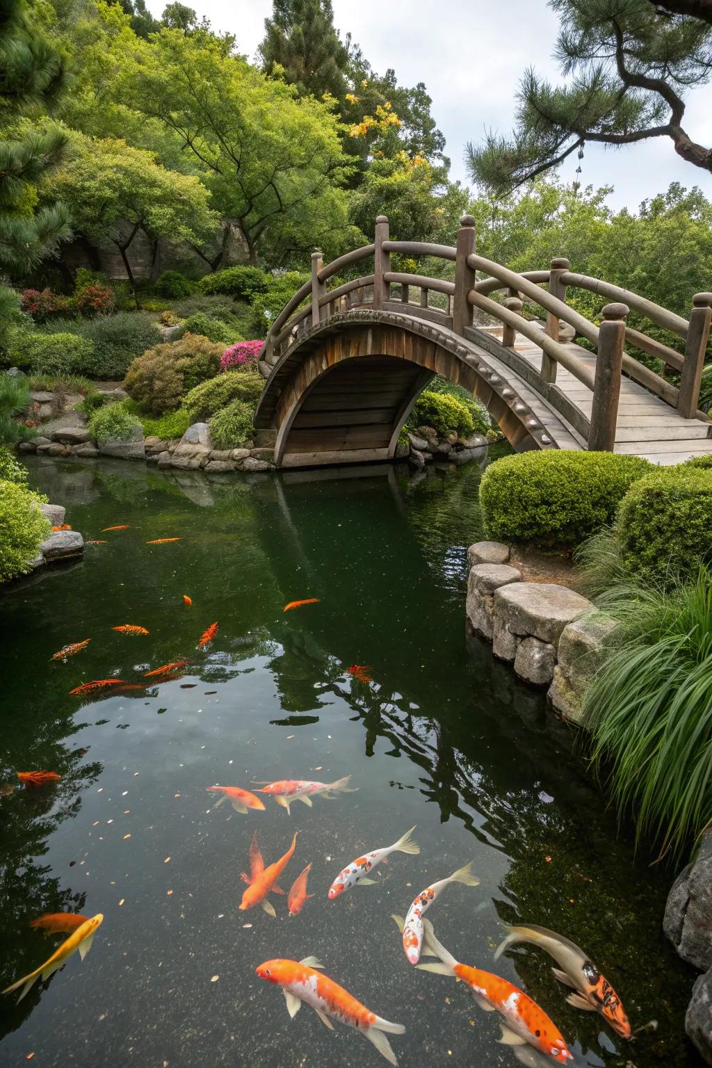 A timber bridge appends timeless charm to any koi haven.