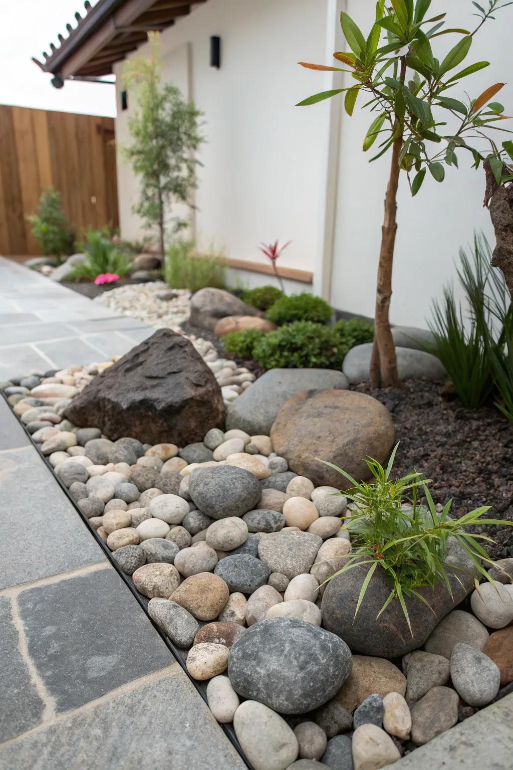 A tranquil haven featuring stones and gravel offers calm and meditation.