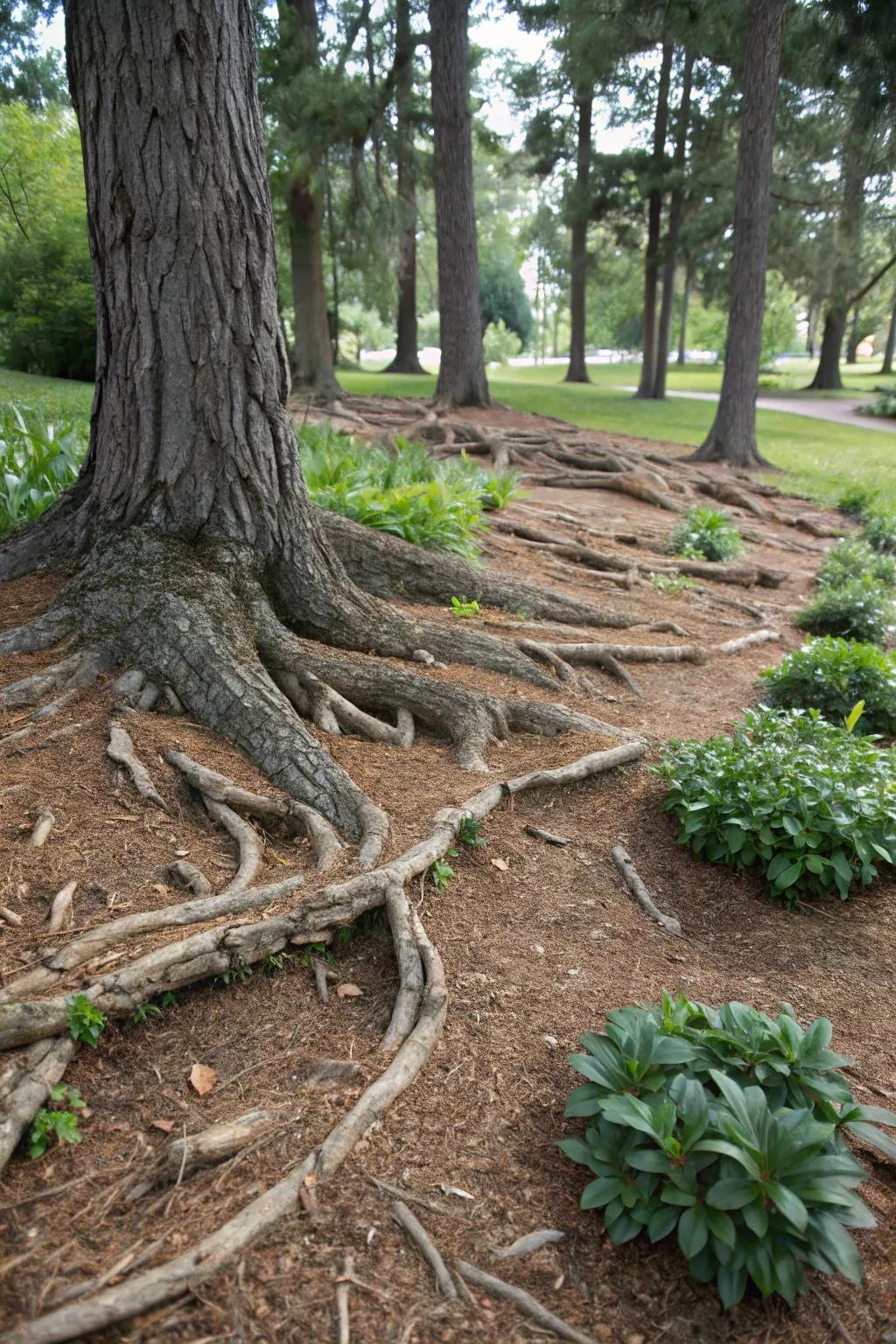 Exposed roots manifest into an enthralling aspect in garden architecture.