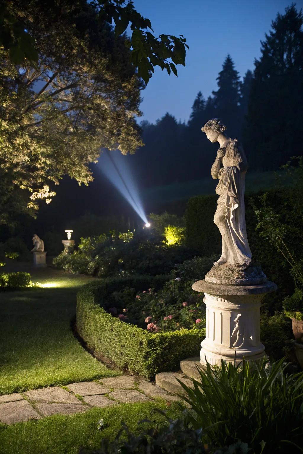 Attention lights transform garden features into noteworthy nocturnal focal points.