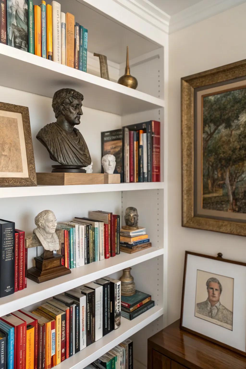 Artistic elements introduce a touch of refinement to this meticulously arranged bookshelf.