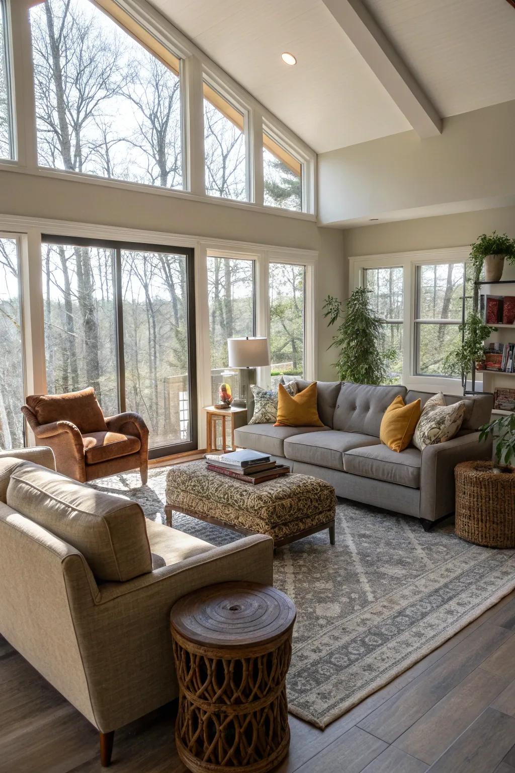 An unconventional blueprint imparting intrigue and persona to the family room.