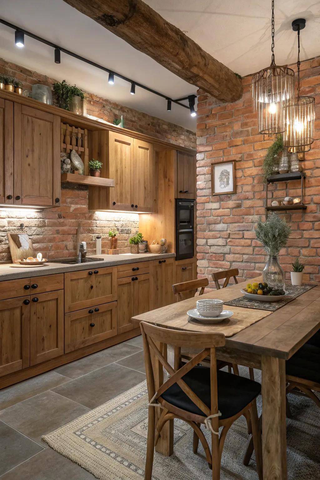 A kitchen featuring exposed brick walls for added character.