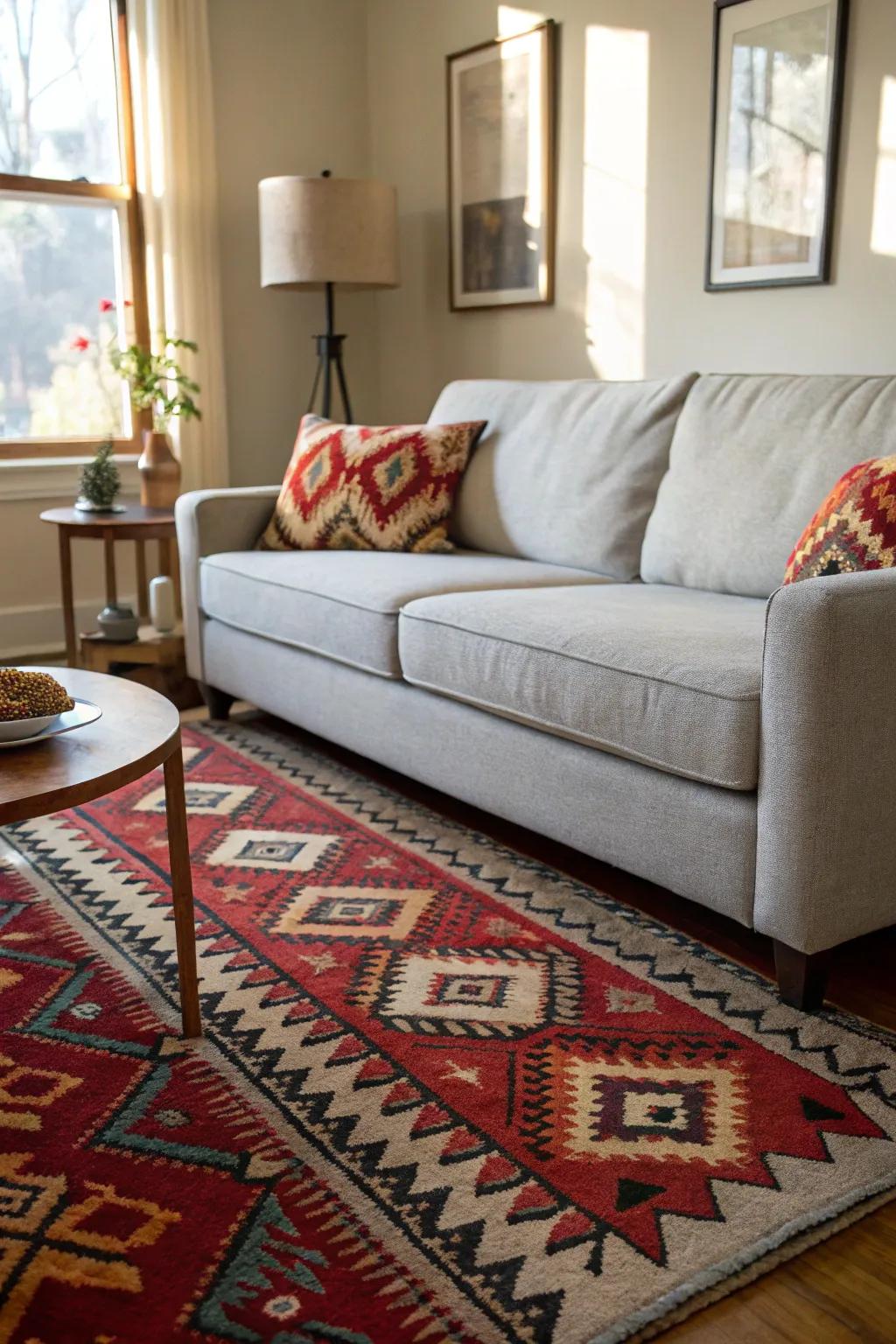 A dominating rug connects a space and serves to enrich a light grey couch.