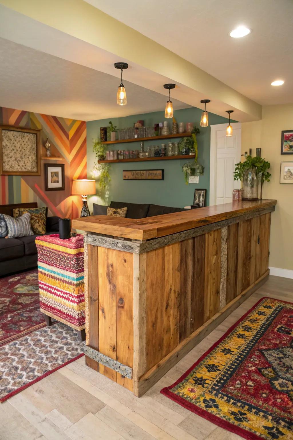 A natural-edge bar with vibrant tones that brings a splash of color to the home.
