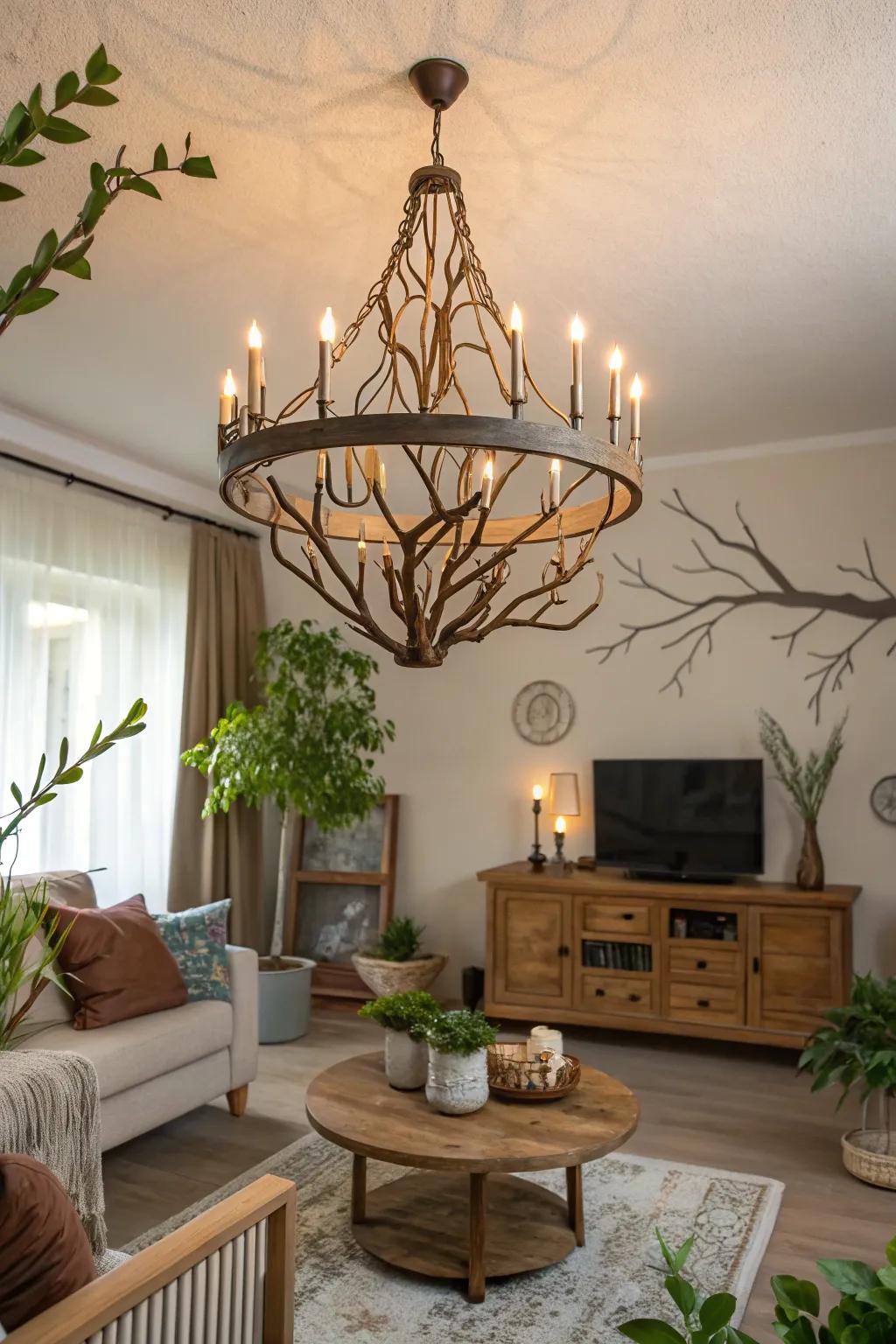 A living room is decorated with a chandelier featuring branch designs for a nature-centric appearance.