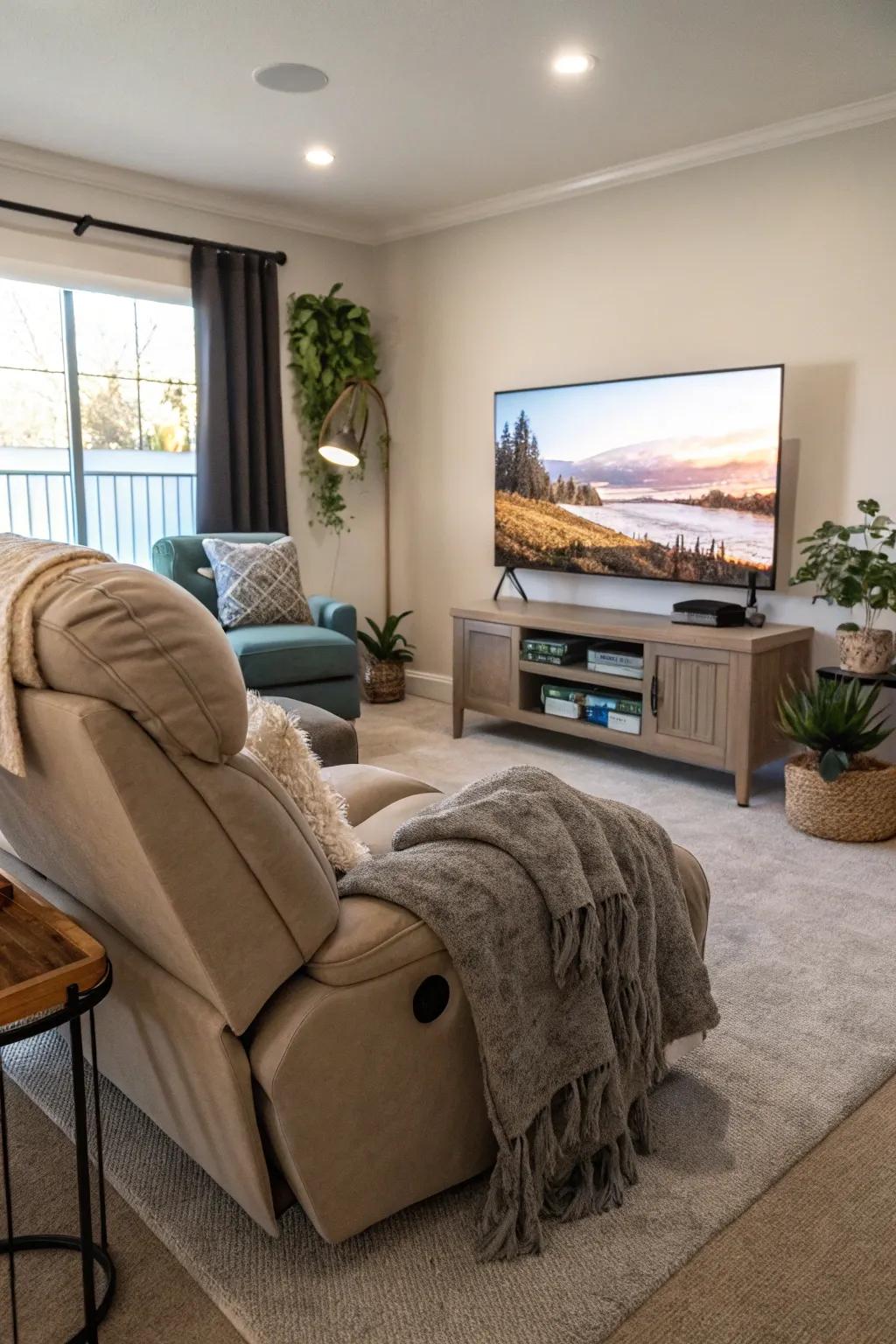 A perfect media zone with a well-placed recliner.