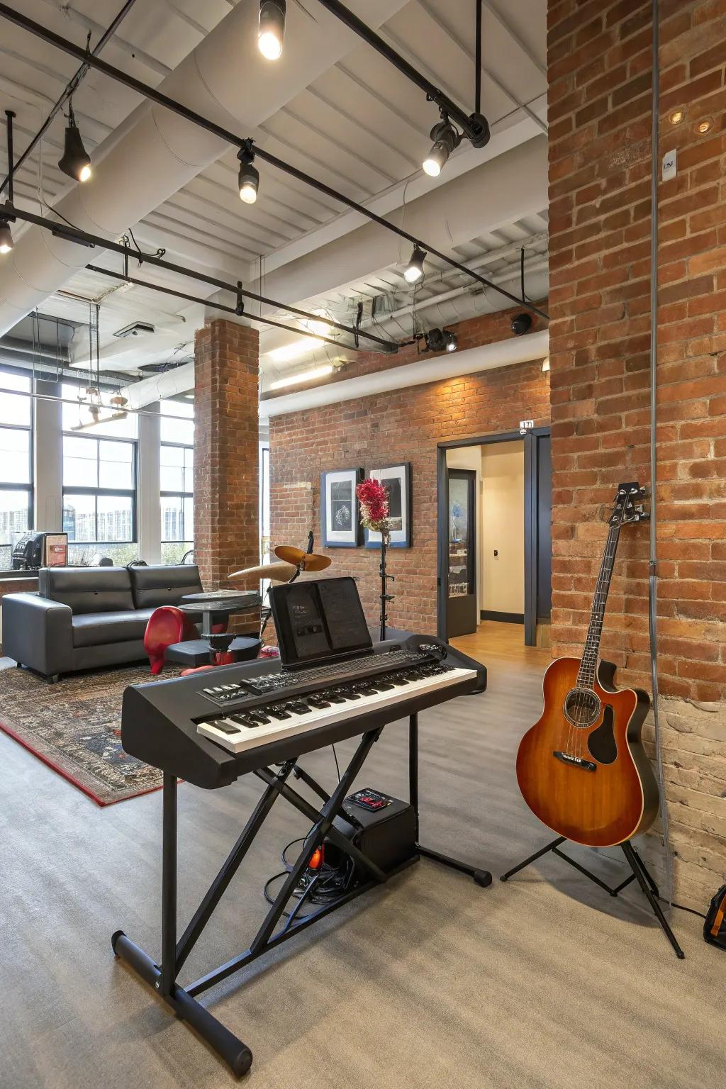 A music station introduces a creative and musical vibe to the recreational room.
