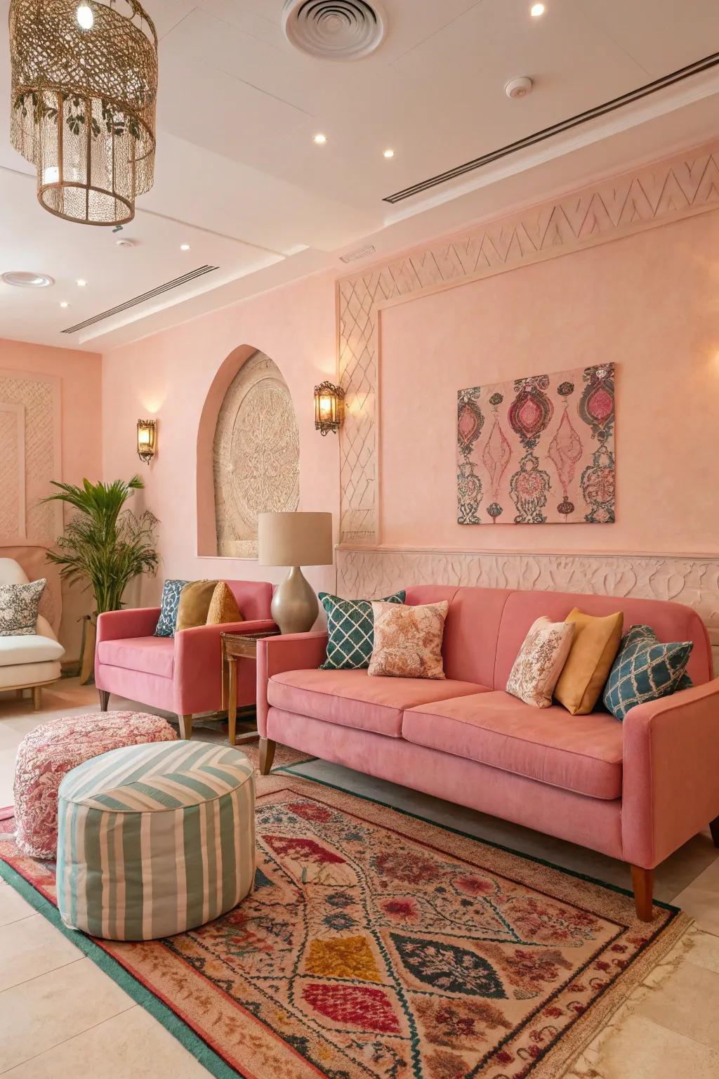 A pastel color scheme fosters a tranquil and well-balanced ambiance in the living room.