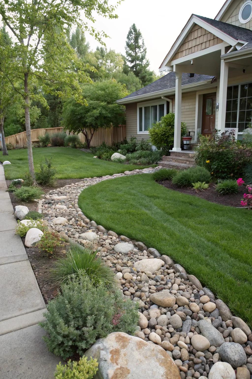 A balanced mix of stones and a compact lawn.