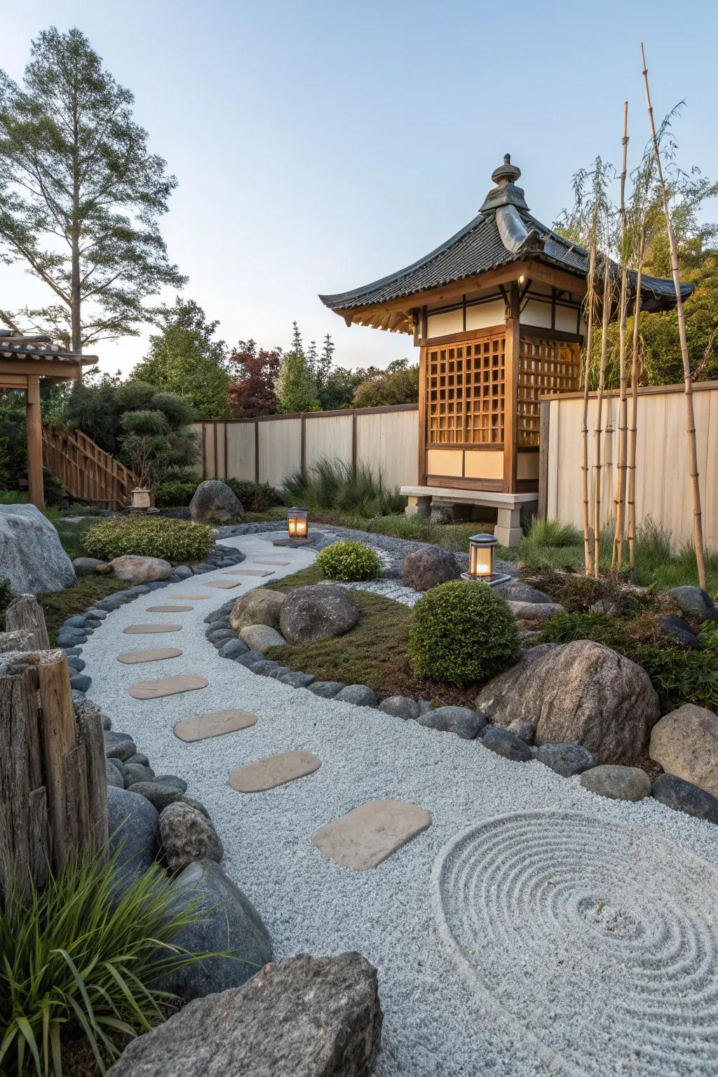Japanese influences evoke tranquility in a rock garden.