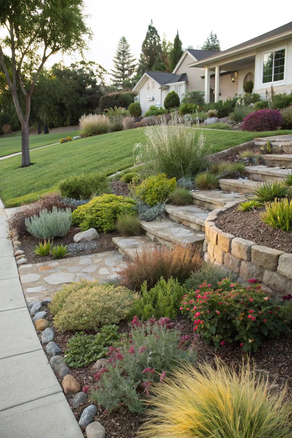 Layered planting maximizes area and visual interest in a xeriscape garden.