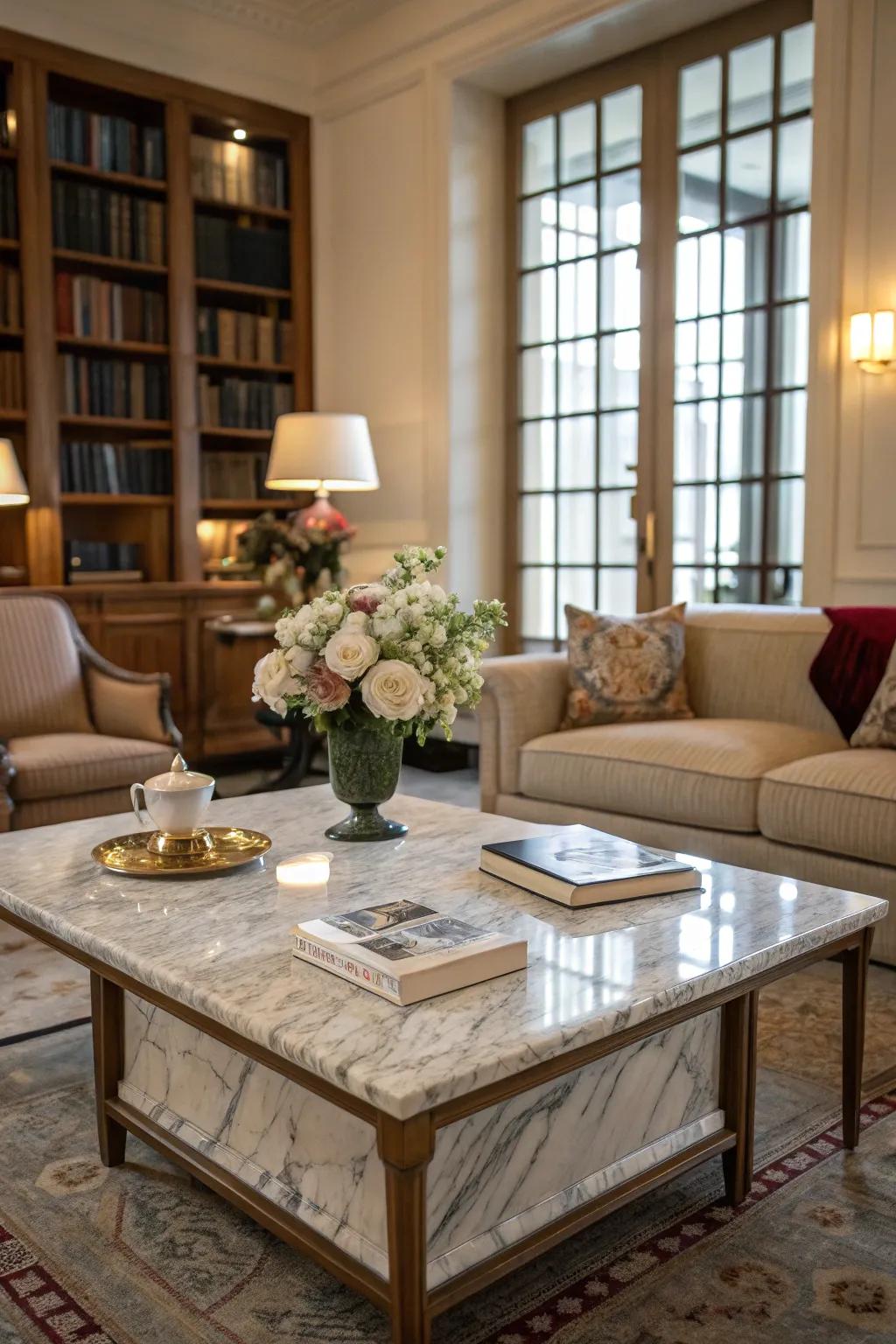 A stone center table serves as a functional and stylish centerpiece.