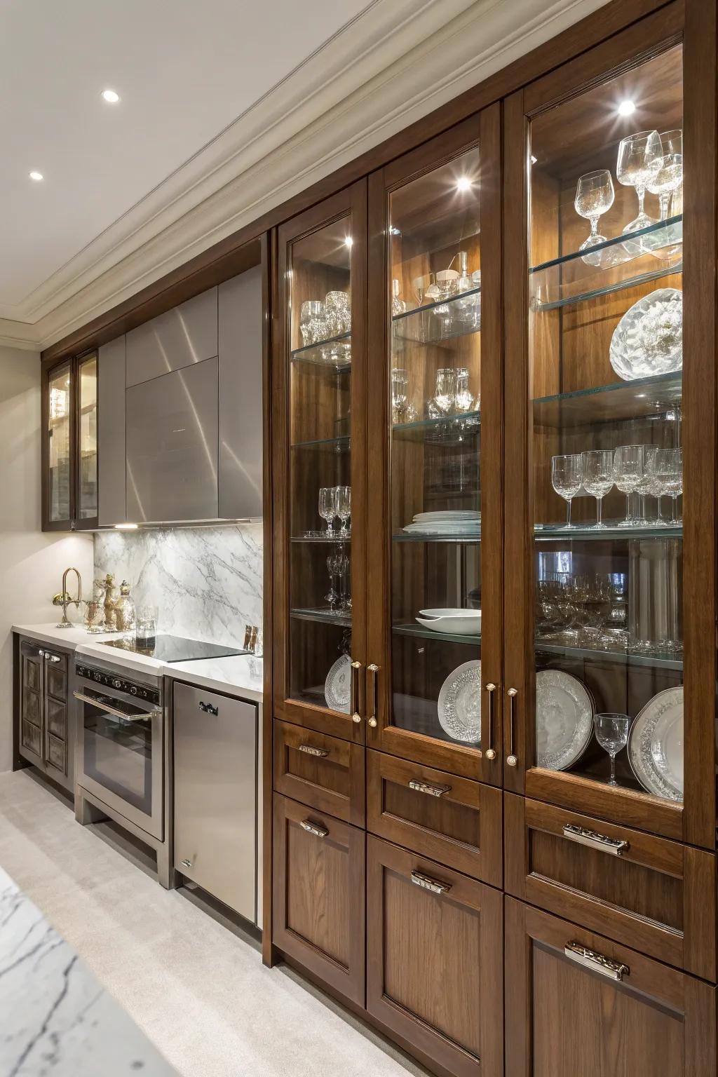 Glass cabinet doors showcase beautiful dishware.