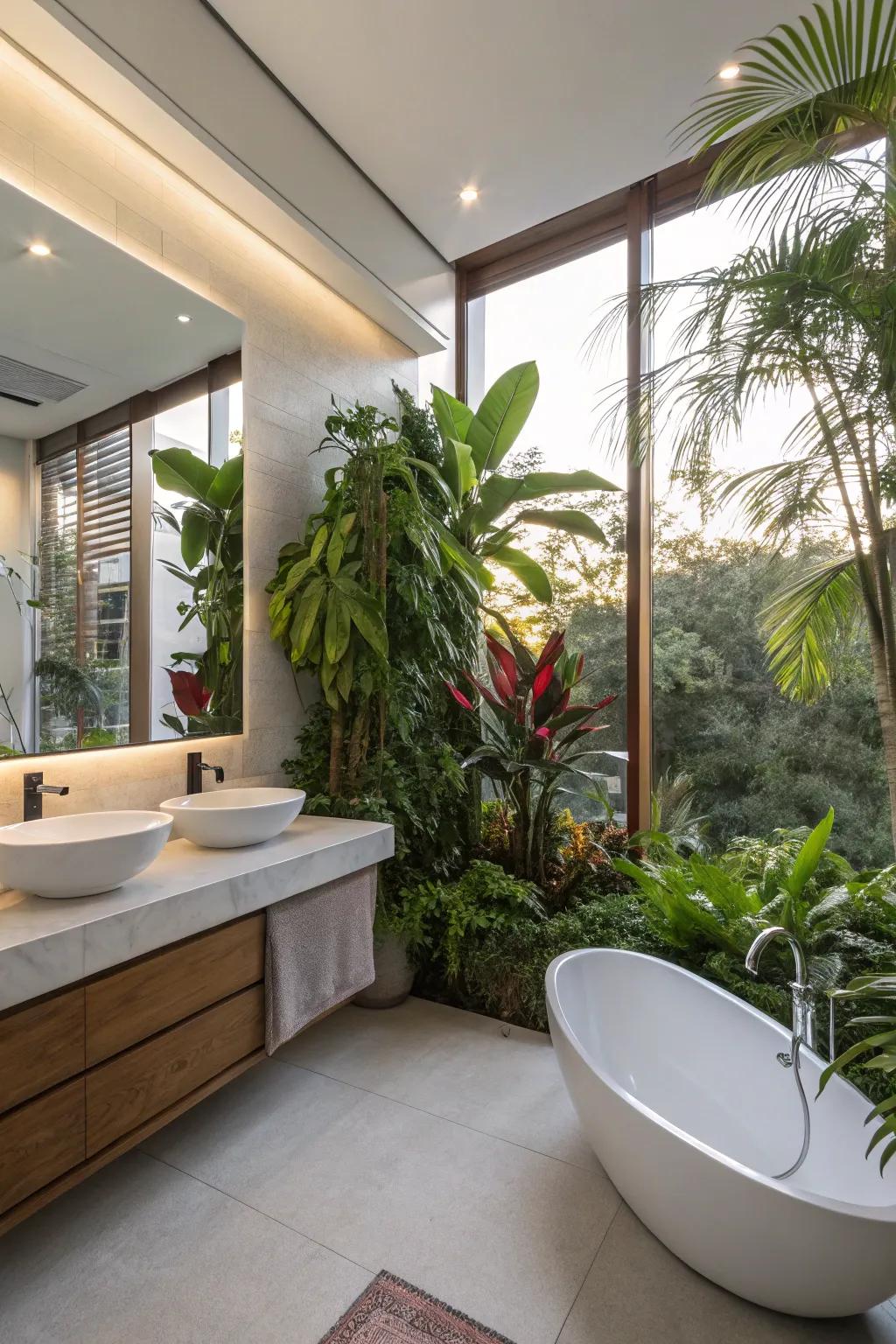 A contemporary bathroom featuring lush indoor plants.