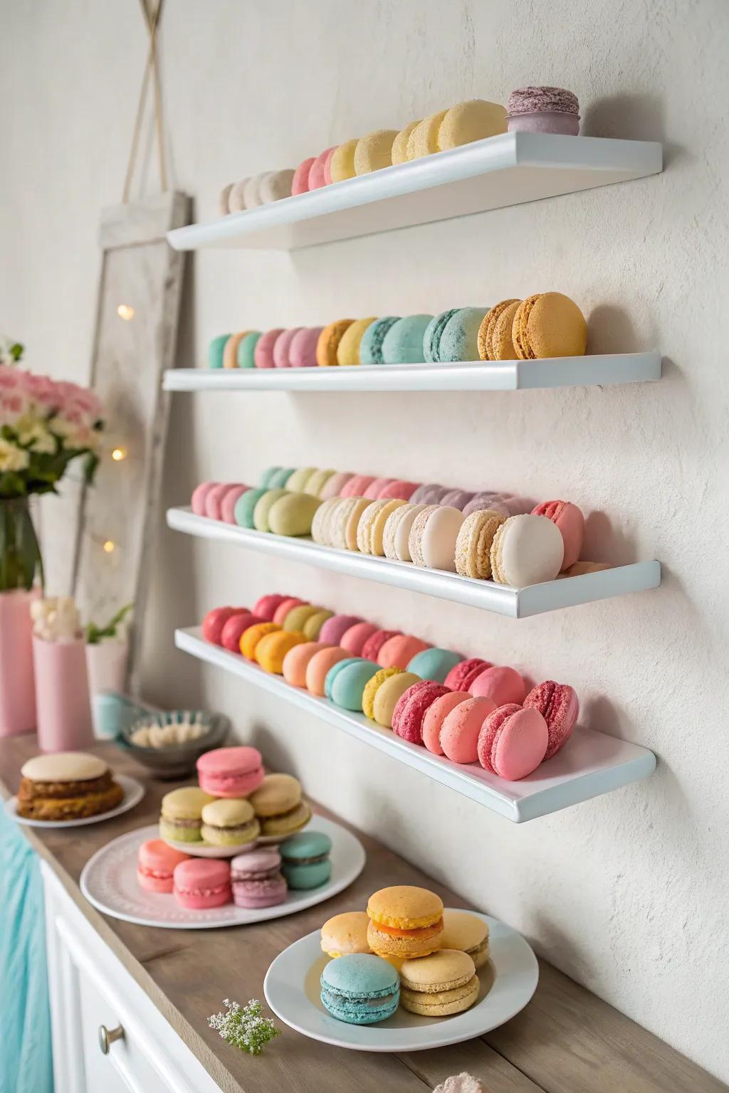 Drifting ledges with neatly arranged macarons.