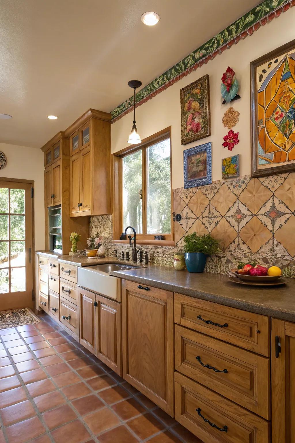 A creative kitchen with birch units and artistic elements for a personal touch.
