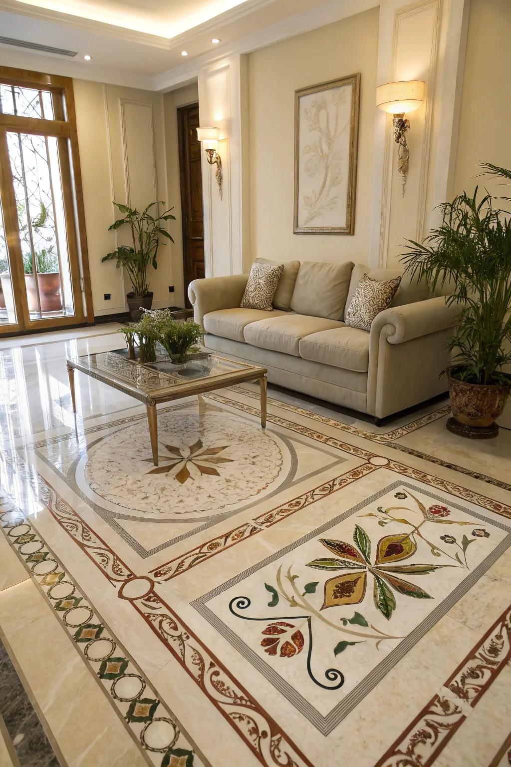 Artistic designs create unique focal points in stone flooring.