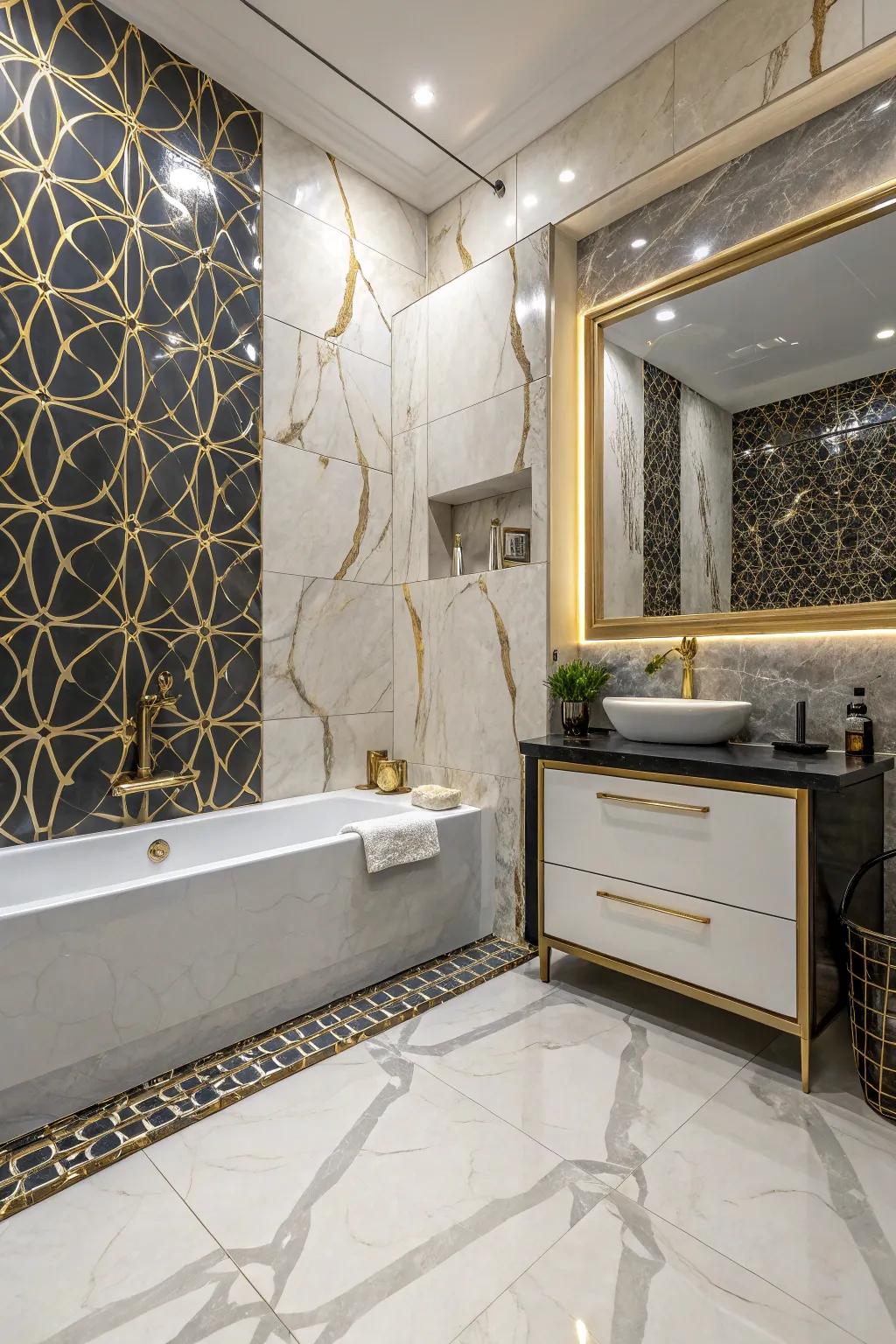 A balanced and textured bathroom with glossy and matte artificial marble stone surfaces.