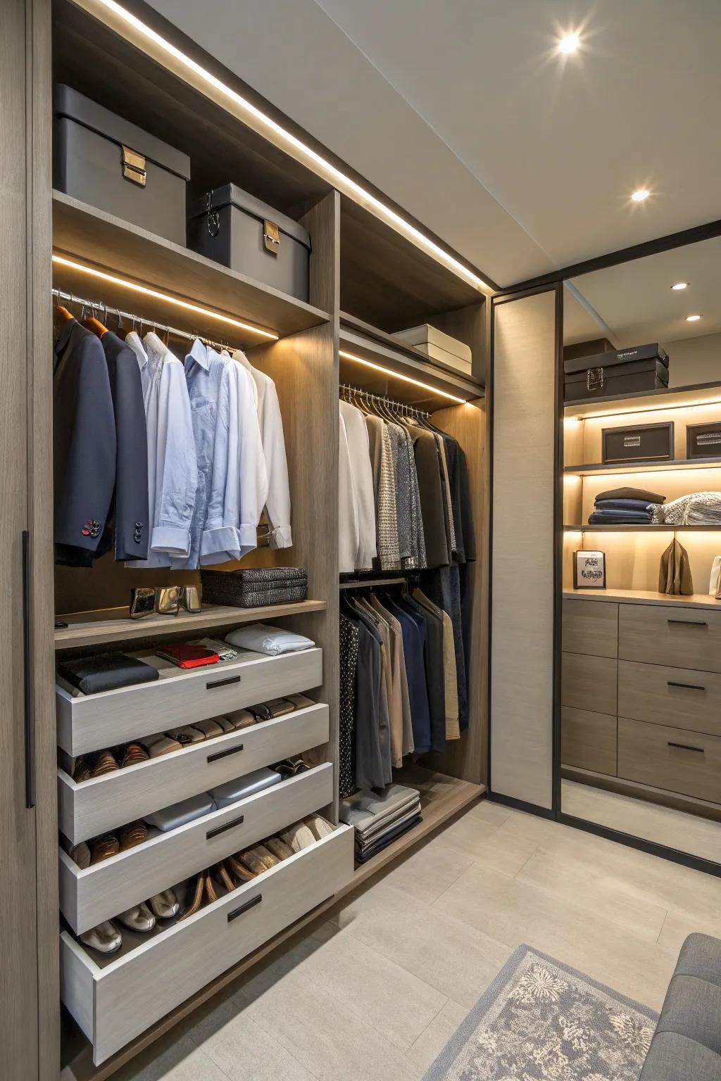 Clever storage options growing closet function.