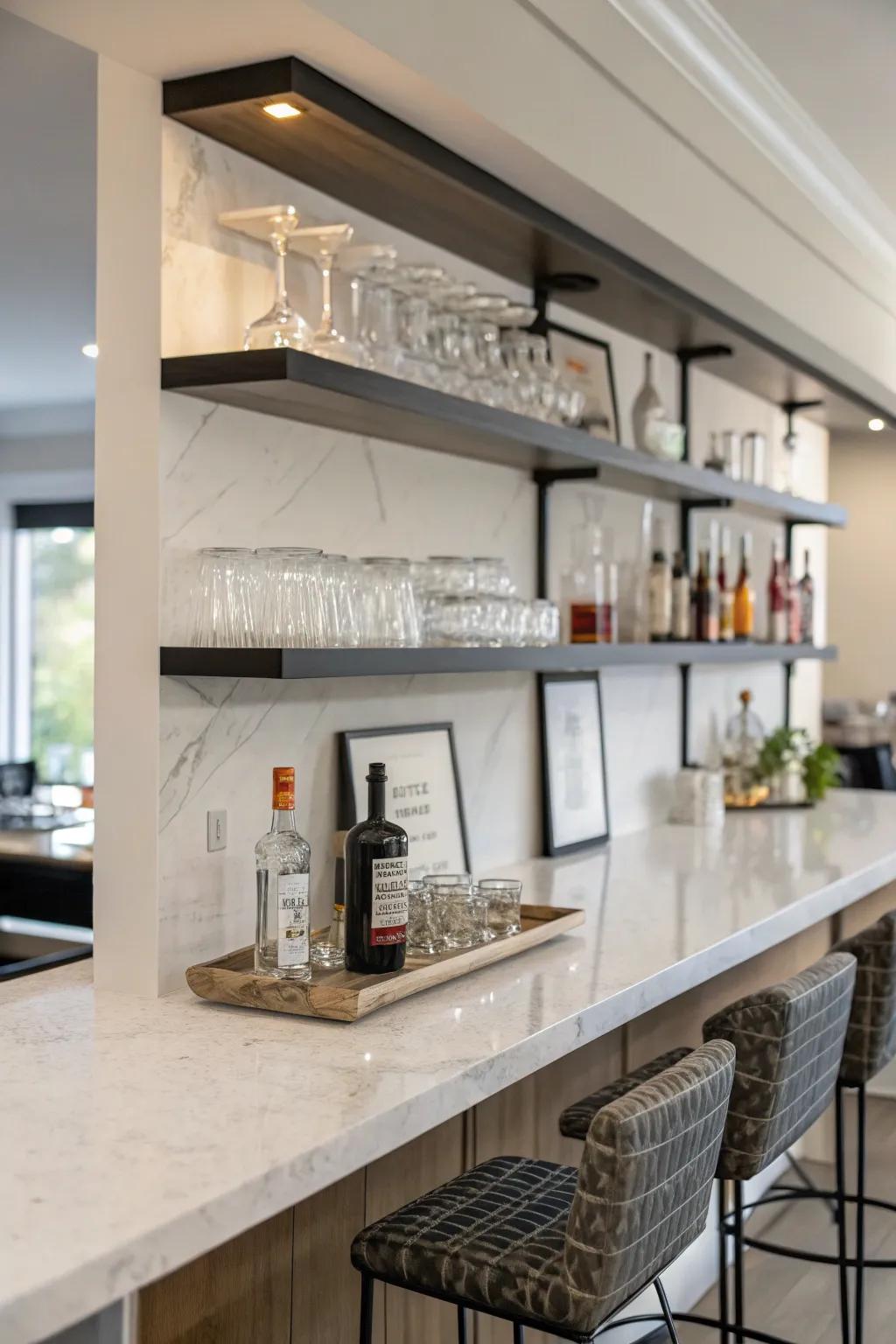 Wall shelves offer minimalist storage with a sleek visual.