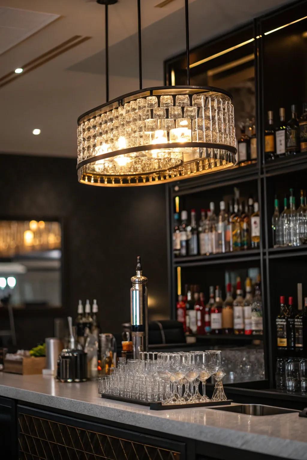 A statement illumination fixture becomes the centerpiece of the home bar.
