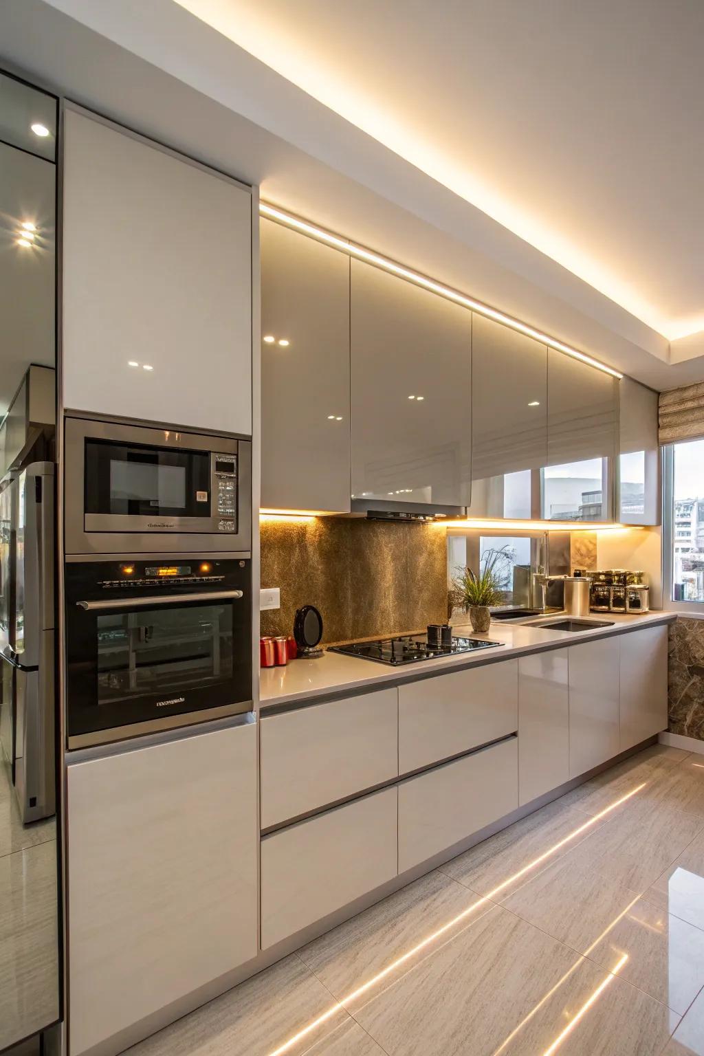 Mirrored backsplashes add sparkle and depth.
