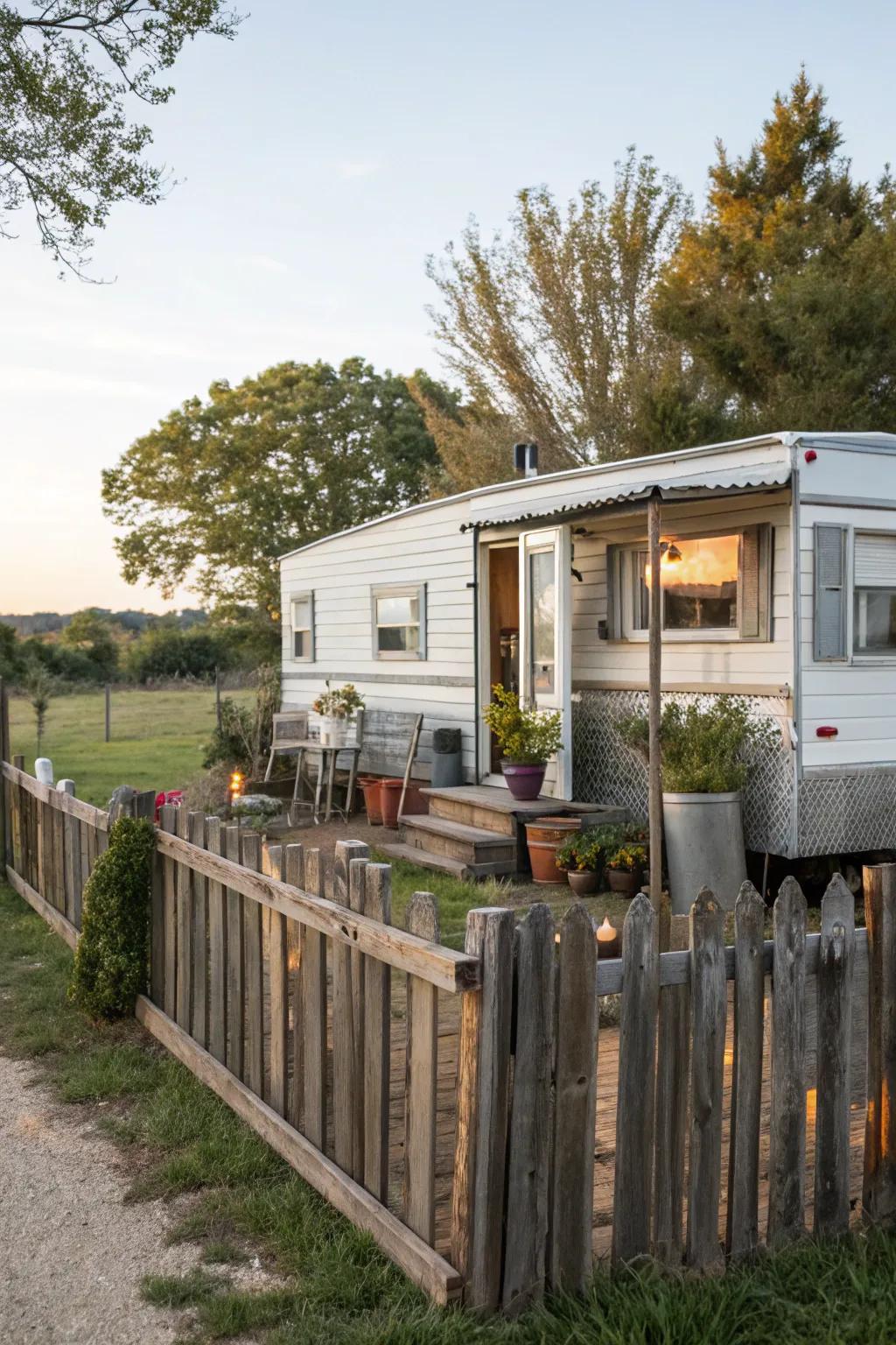 A reclaimed wood fencing introducing rustic appeal to a manufactured home.