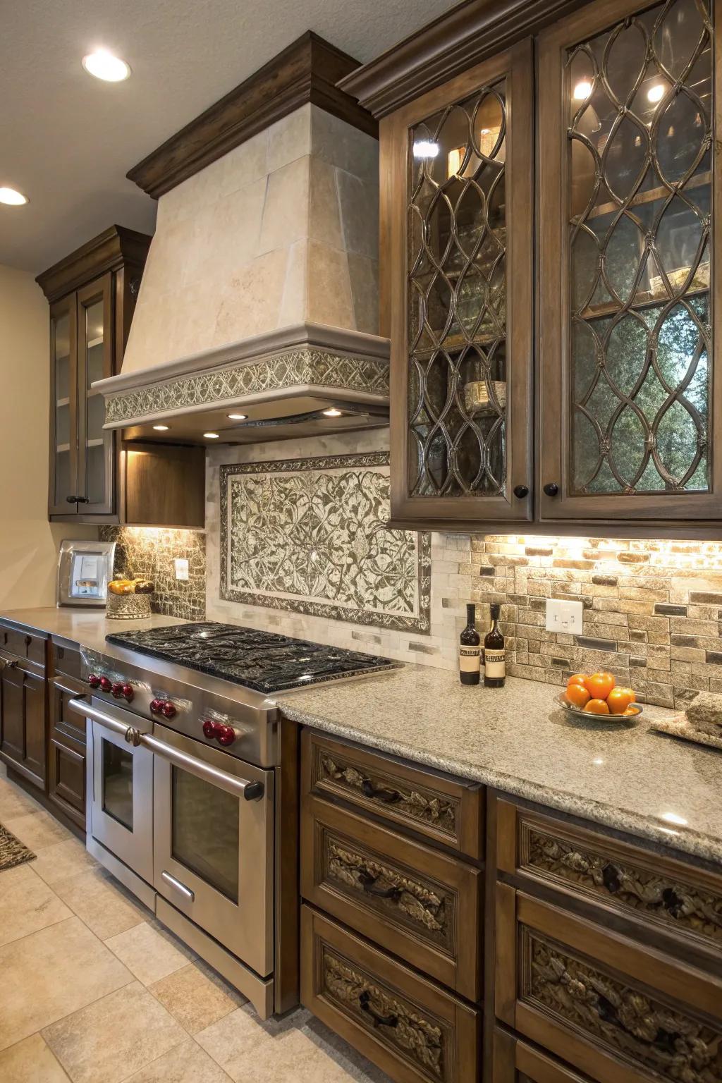The eclectic mix of materials makes a unique backsplash.