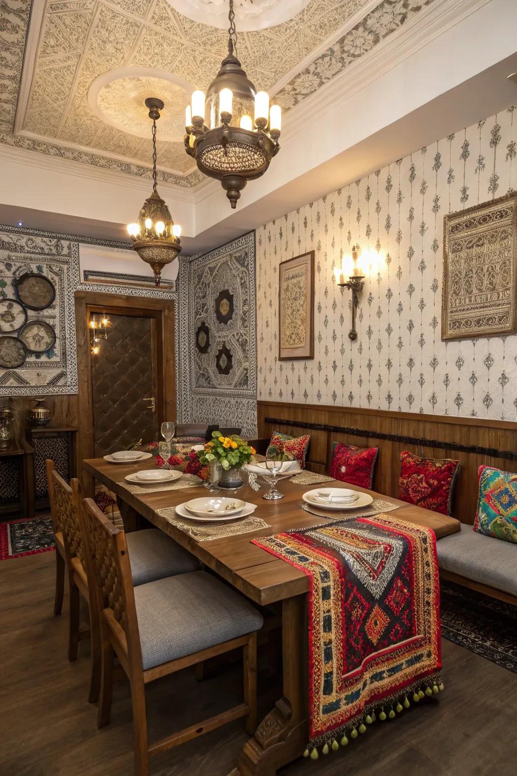 Cultural echoes add a personal and unique touch to the dining room.